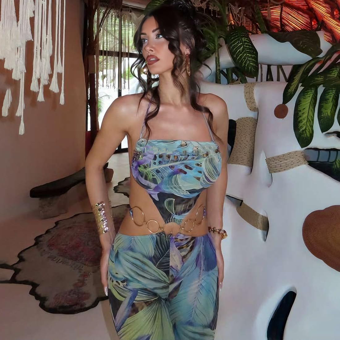 Womens Dressy Print Halter Jumpsuit Sexy Vacation Backless Jumpsuit Club Party Going Out Outfit Beach Set for Women - Image 7