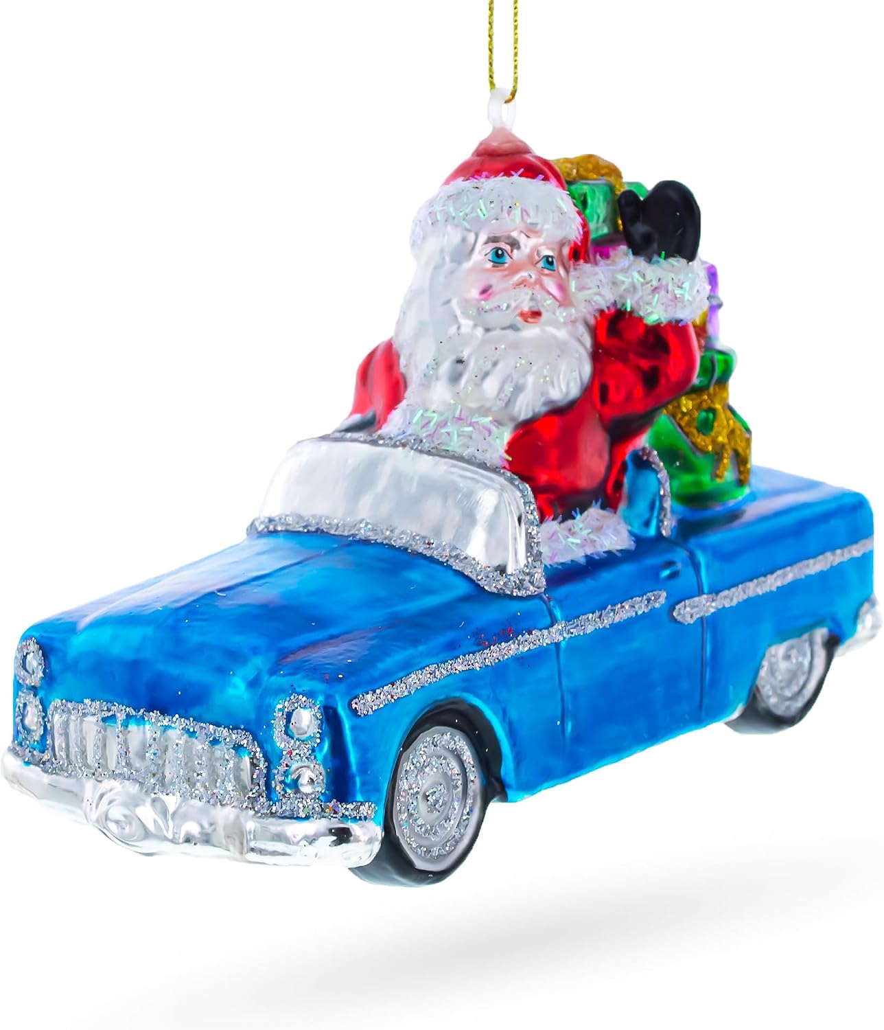 Santa Driving Convertible Car Glass Christmas Ornament