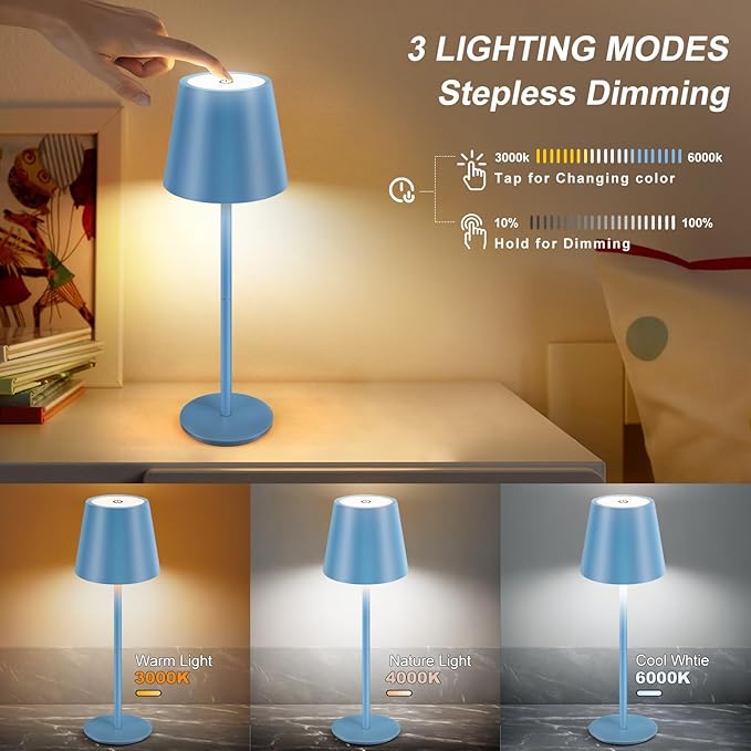 VARICART Blue Cordless Table Lamp - 8-20 Inches Adjustable Height, 5000mAh Rechargeable Battery LED Desk Lamp, 3 Color Stepless Dimmable, Portable Waterproof Metal Table Light for Indoor/Outdoor photo 2