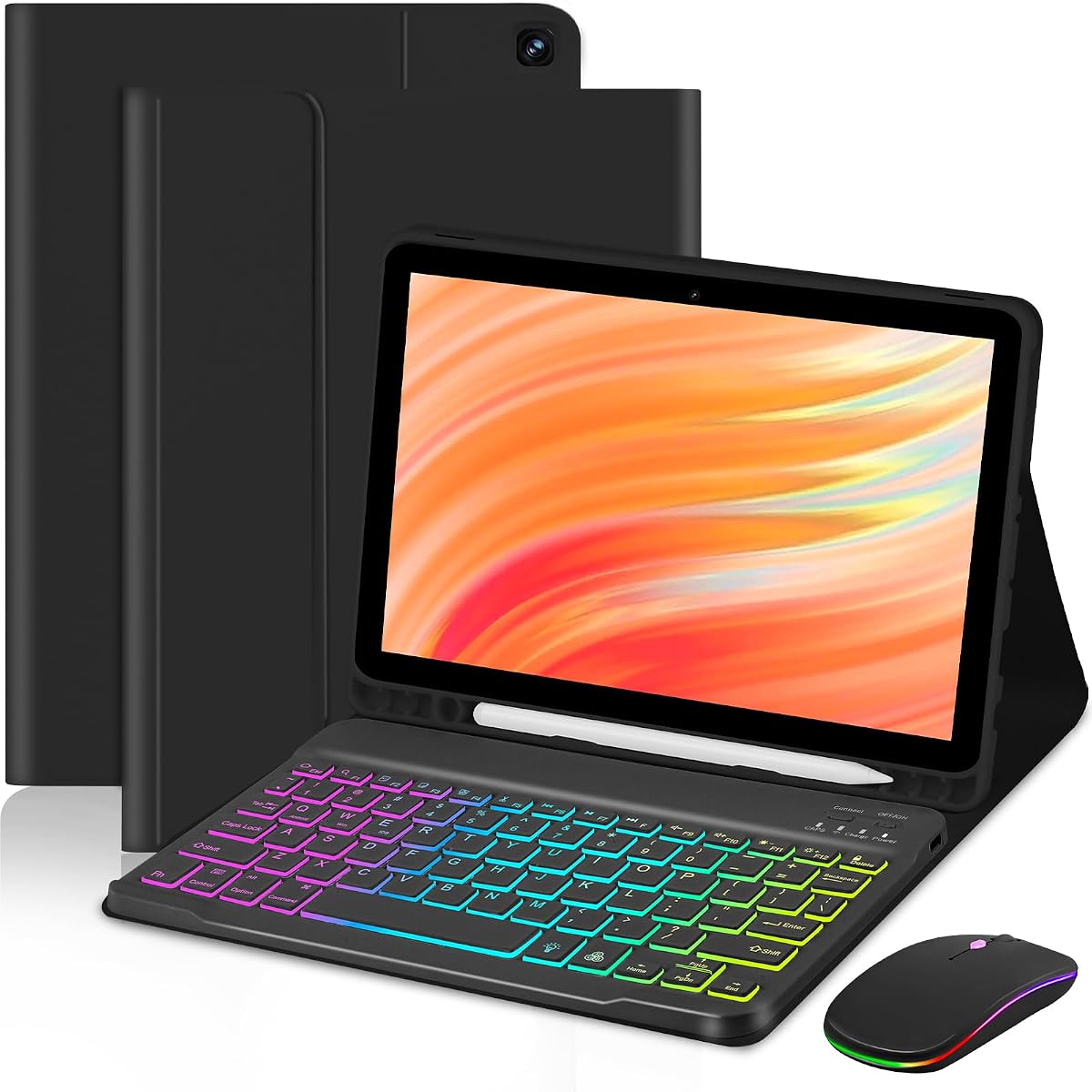 Tablet Case Keyboard for Amazon Fire HD 10/10 Plus 11/13th Generation | 10.1 inch,7 Color Rainbow Backlit Detachable Keyboard Magnetic Cover with Pen Slot HD 10 2021&2023 Black