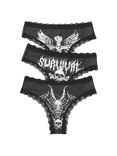 WDIRARA Women's 3 Pack Skull Graphic Print Lace Trim Underwear Panty Set - Black White - X-Small