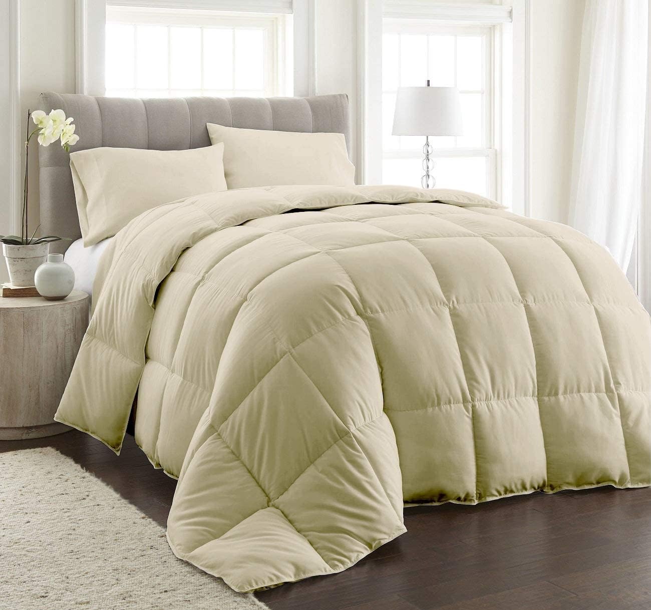 3 PC Box Stitched Corner Tabs Comforter Set, Cal-King/King -White 100% Natural Cotton Solid All Season Ultra Soft Down Alternative Lightweight Bedding Duvet Insert Quilted 500 GSM Fill Power
