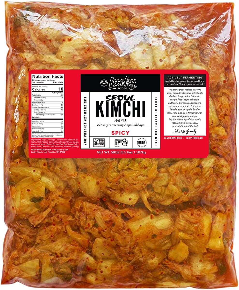 Lucky Foods Seoul Spicy Kimchi, (56oz / 3.5 lbs), Authentic Korean Premium Fermented Napa Cabbage Kimchi, (Pack of 1) (Made in USA)