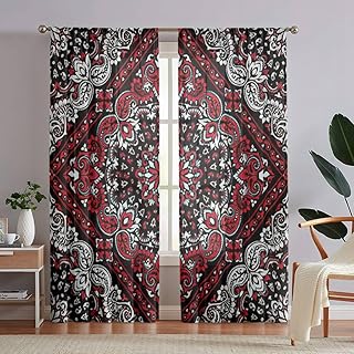 Siwacline Semi Sheer Bandana Paisley Curtains Mysterious Geometric Flowers Black, White, and Red Privacy Light Filtering R...