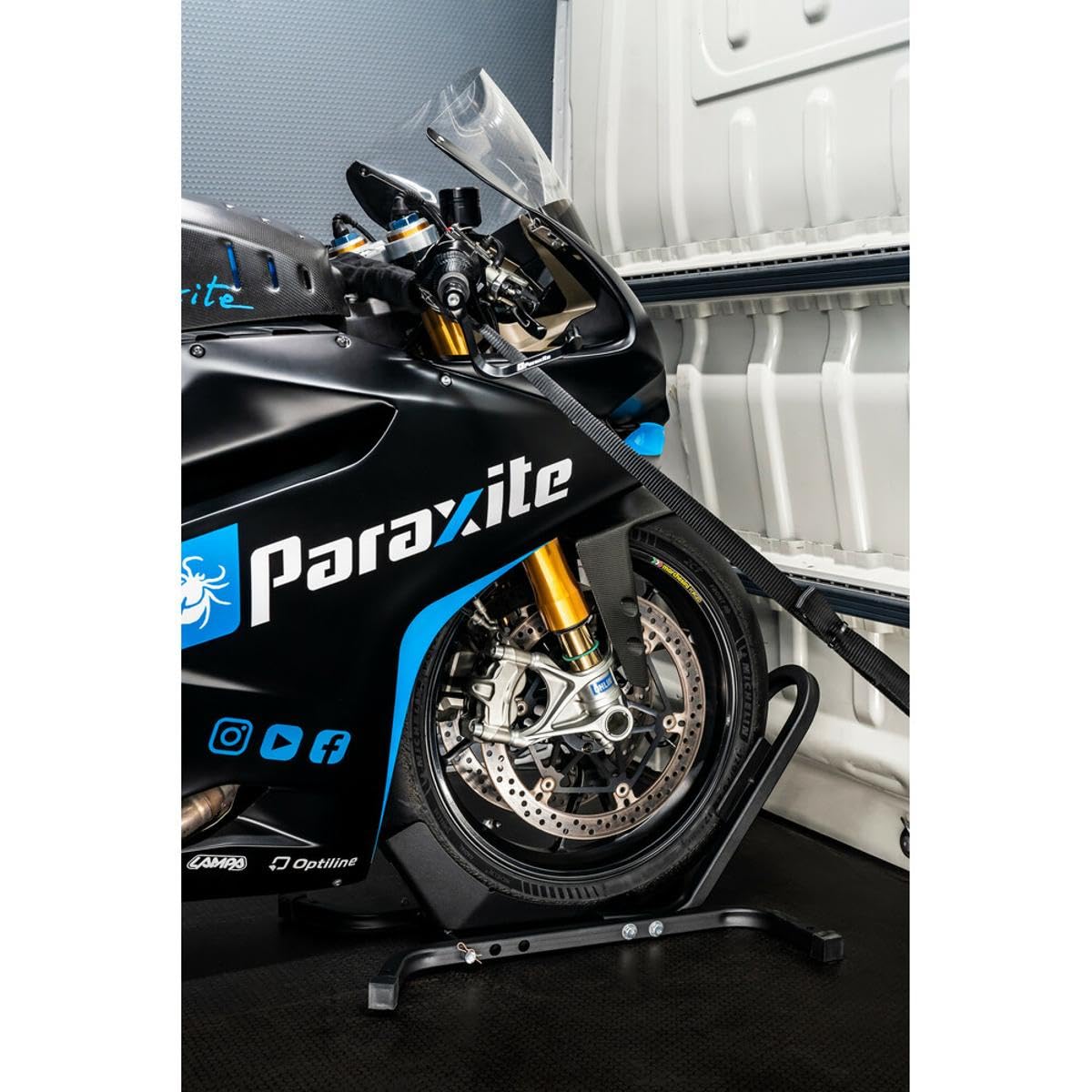 Lampa 91705 Stand Lock, Cavalletto blocca ruota moto per ruota anteriore da 15 a 21 pollici per garage, officina, trasporto in furgone
