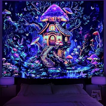 Serborlur Blacklight Forest Mushroom Tapestry UV Reactive Magical Tree of Life Tapestries Neon Floral Plants Wall Art Fantasy Fairy Landscape Backdrop Wall Hanging for Bedroom Living Room Decor
