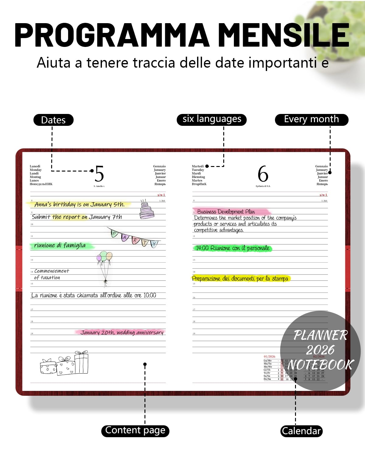 Agenda 2026 (DE/IT/ES/EN/FR) Impermeabile - Copertina in PU+CARTA con Elastico | Pagina al Giorno | Formato A5, Festività UE, Gennaio-Dicembre 2026