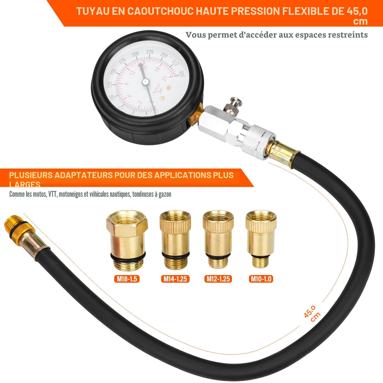 Testeur de Compression de Cylindre, Compressiomètre pour Moteurs à Essence, 0-20 bar & 0-300 psi avec 4 Adaptateurs M10 M12 M14 M18 (Rouge)