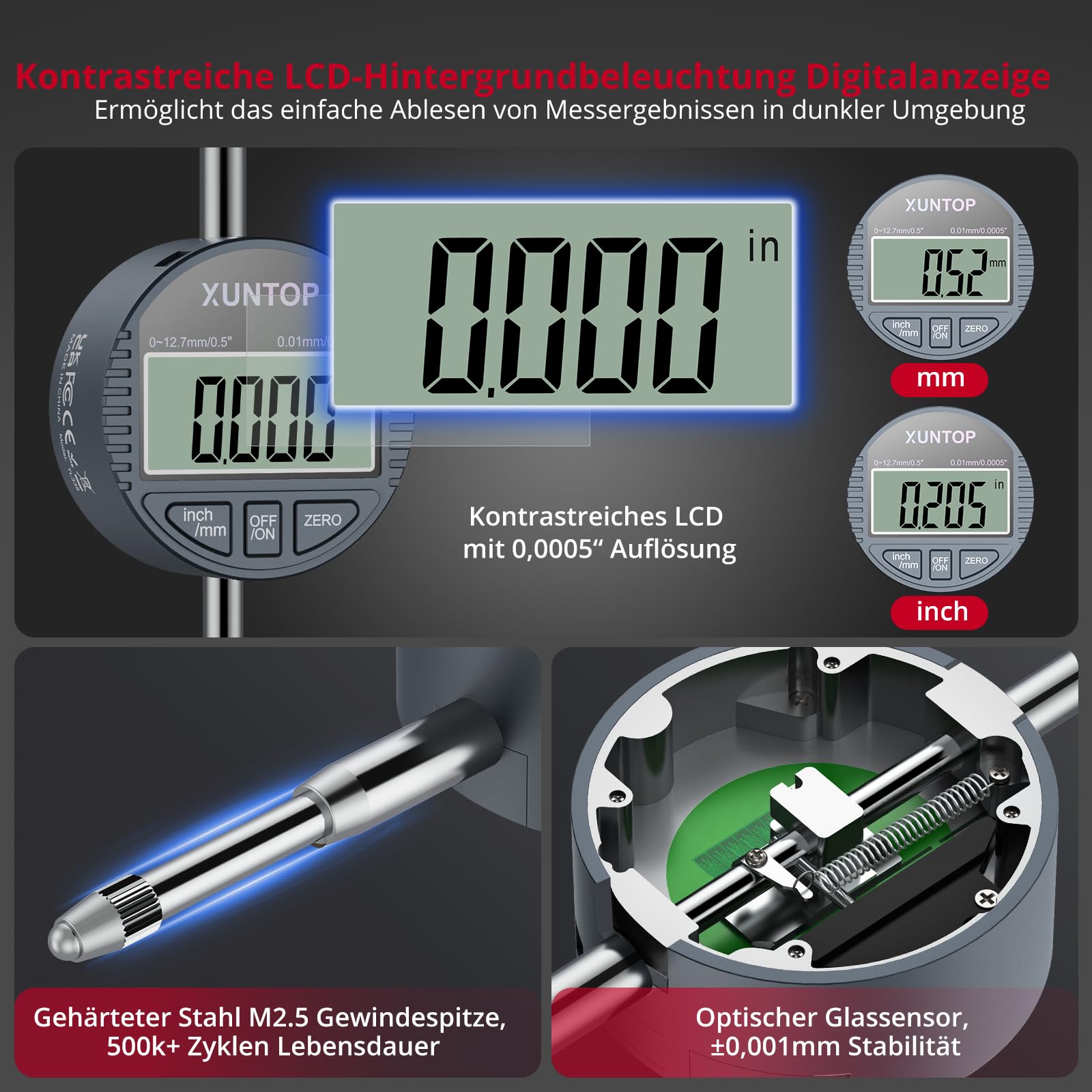 XUNTOP Digitales Bohrungsmessgerät Messuhr Set digitales mechanisches messuhr Messgerät für Innendurchmesser 50-160 mm (2-6 Zoll) Hohe Präzision Innenmessgerät zur Messung des Innendurchmessers