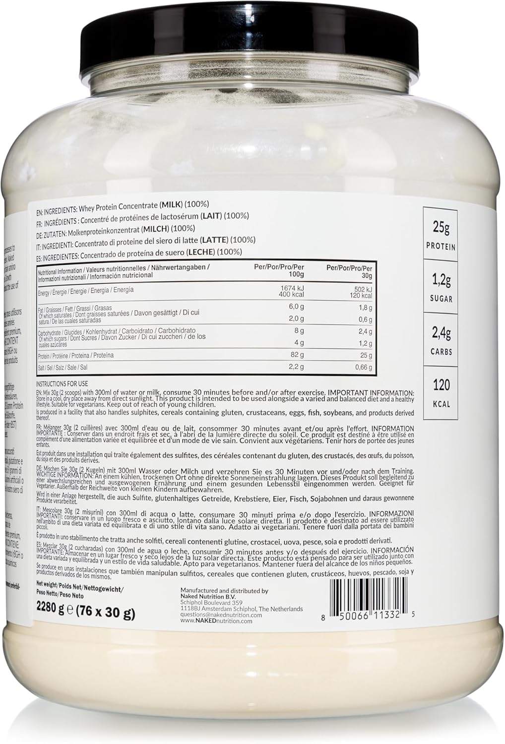 Naked Whey Protein Pulver (Eiweißpulver), Nur 1 Zutat, Grass Fed, Glutenfrei, Sojafrei, GMO-frei, 25g Protein und 6g BCAAs pro Messlöffel, Geschmacksneutral, 76 Portionen, 2280g