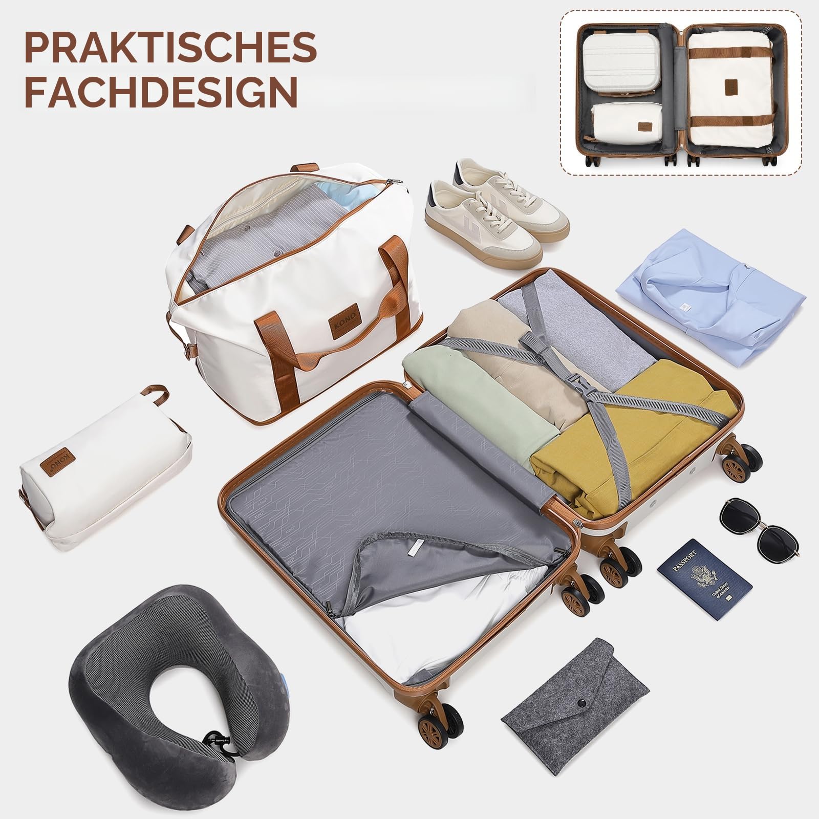 KONO Reisekoffer Set Gepäcksets 4 Teilig Kofferset, 55cm Handgepäck mit Beautycase Kosmetikkoffe mit handgepäck Reisetasche mit Kulturbeutel (Creme Weiß)