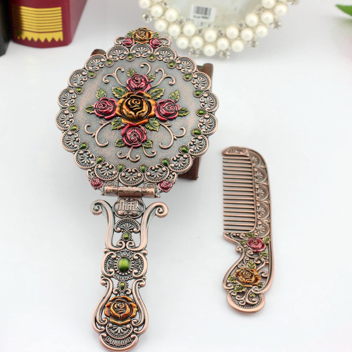 Nerien Vintage Mirror Comb Set Metal Antique Rose Style Handheld Makeup Mirror Travel Round Folding Cosmetic Mirror Women's Vanity Handle Foldable Mirrors Decorative Tabletop Mirrors Copper