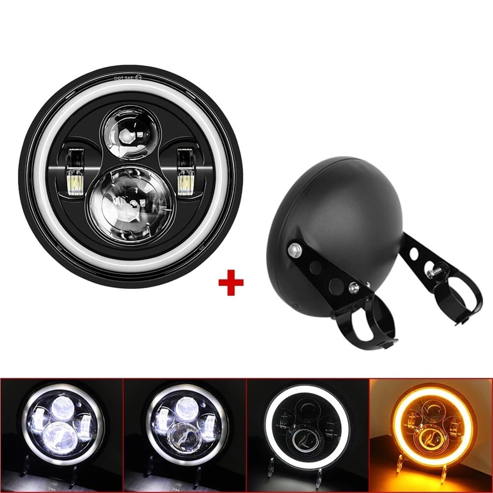 Anabbaglianti Faro anteriore rotondo universale da 7,5" adatto per Cafe Racer Bobber Honda Faro anteriore a LED da 7 pollici per motociclette Luci per motociclette(7.5 all set B)
