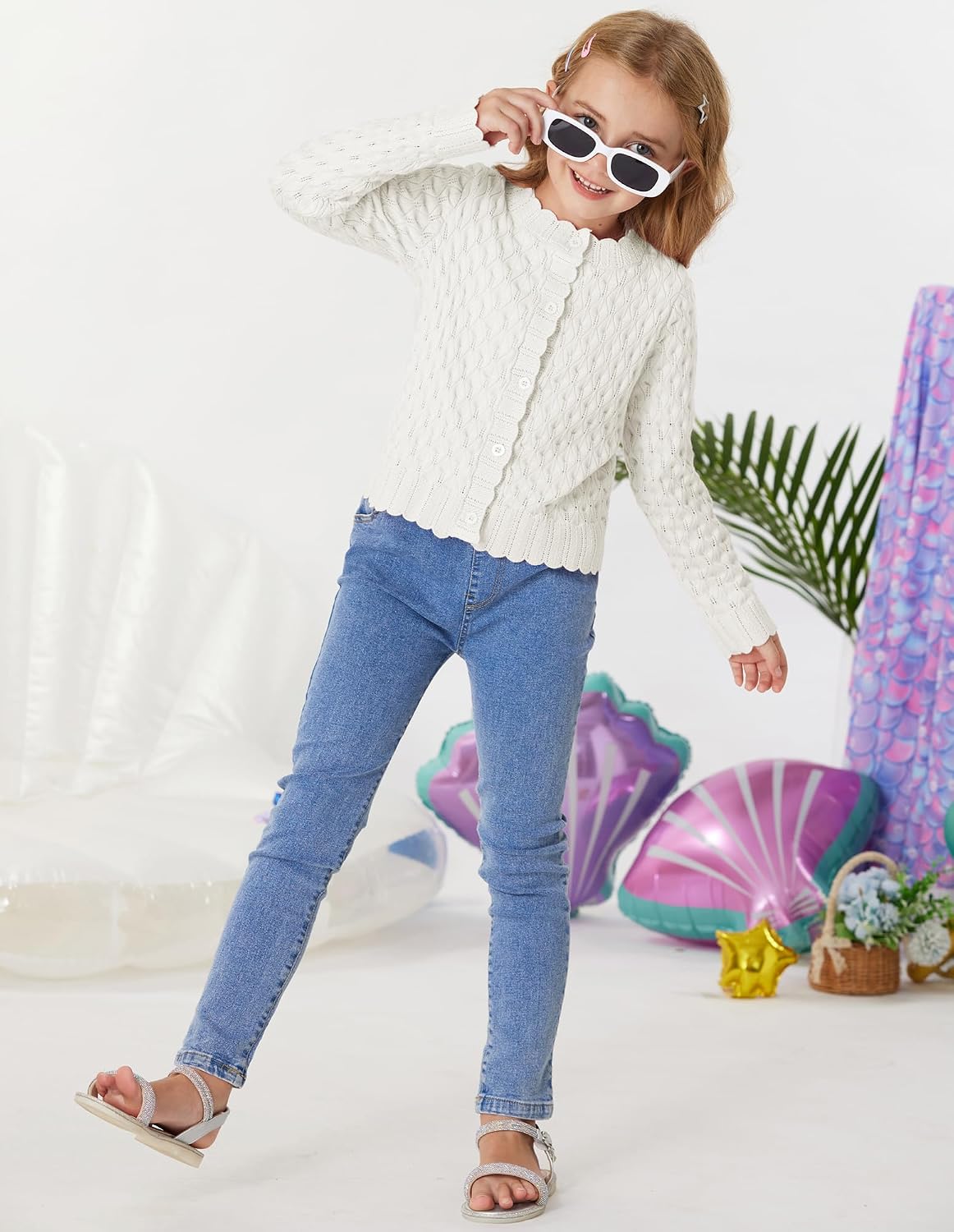 GRACE KARIN Girls Long Sleeve Sweater Cardigan Kids Cropped Cable Knit Button Front Sweaters 6-13Y