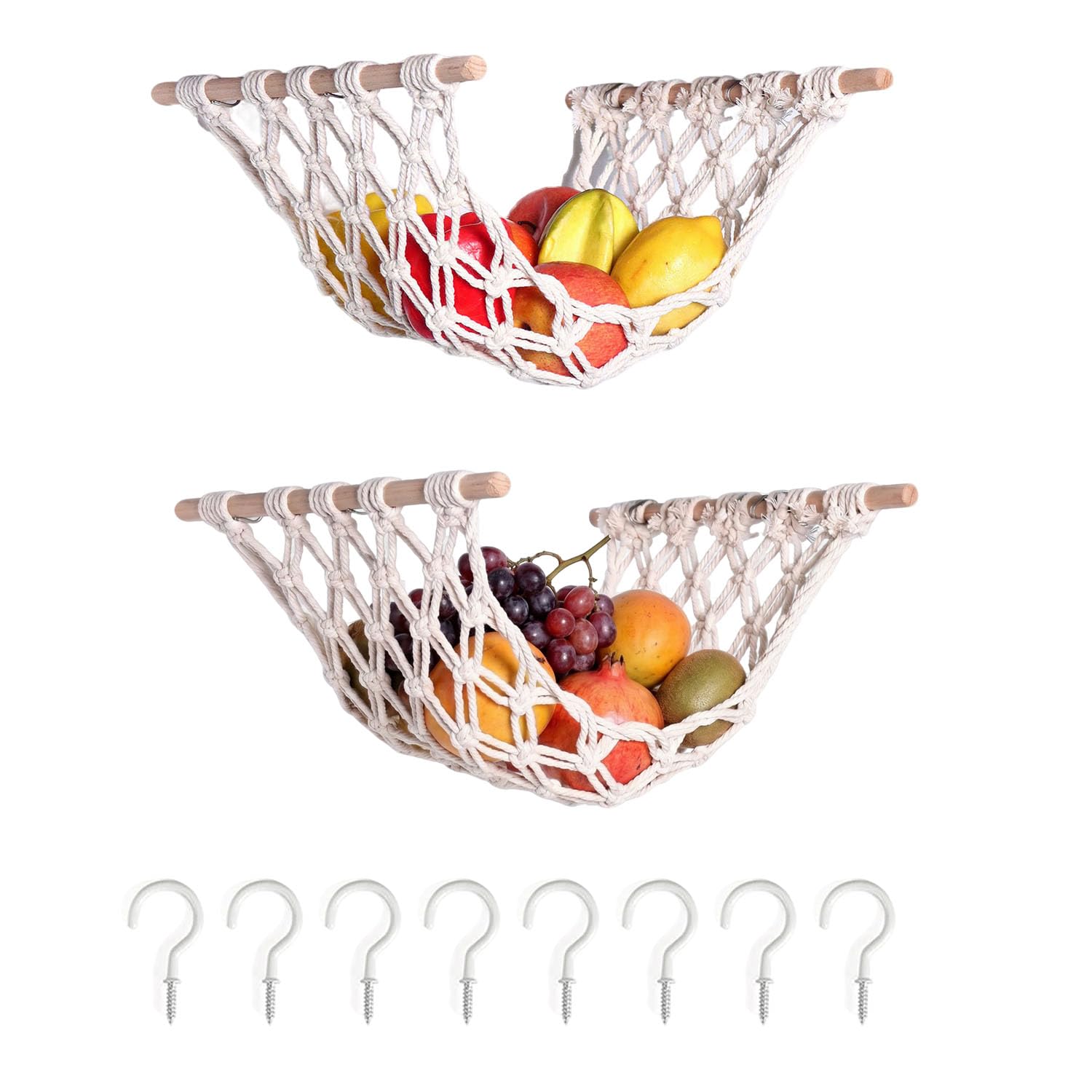 EKSWLS 2 Pack Hanging Fruit Basket – Kitchen Storage Net with Hooks – Under Cabinet Organizer for Fruits, Vegetables & Snacks – Space-Saving Fruit Holder