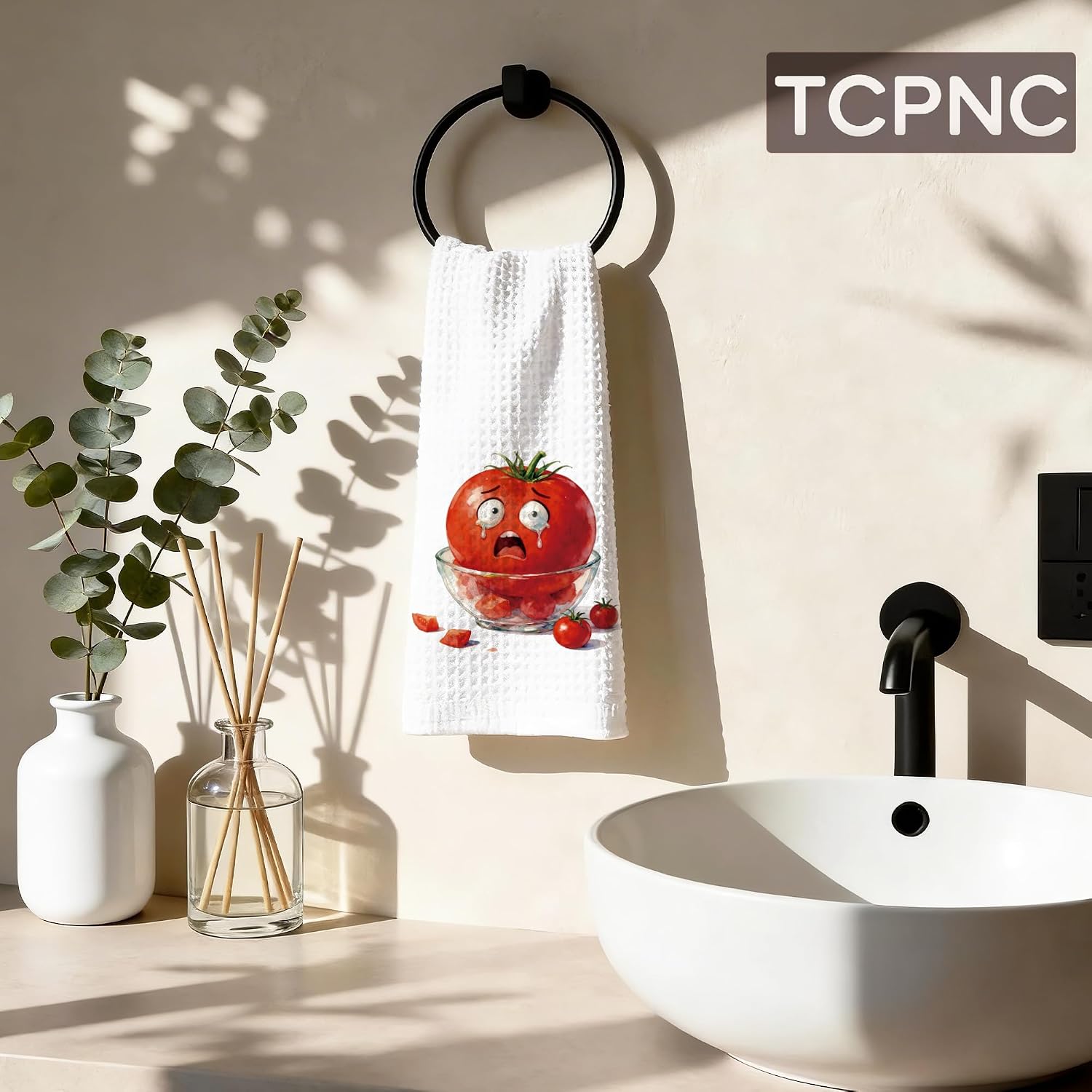 Funny Red Tomato Kitchen Towel, Cute Crying Vegetable Bathroom Hand Towel for Kitchen Decor, Red Tomato Theme Home Decor, Vegetarian Lover Gift, Funny Veggie Summer Gift, 16 x 24 Inches image 3