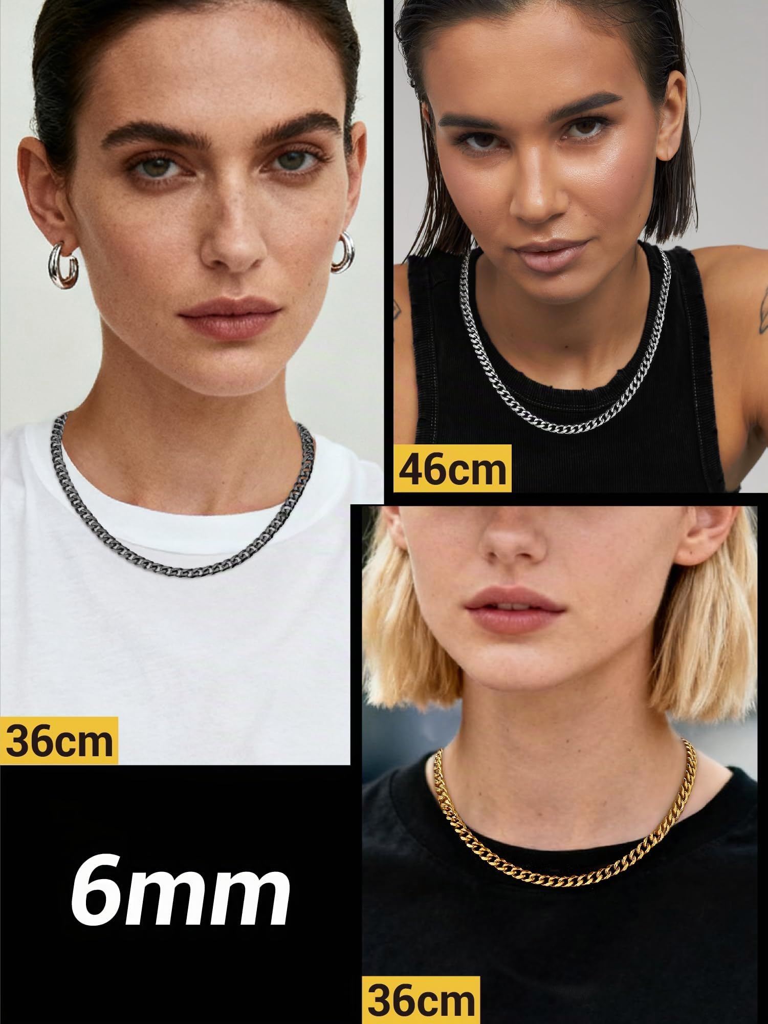 PROSTEEL Collana Uomo Donna a Catena Barbazzale Cubana Hip Hop Sottile Grande Robusta Grossa, Larga 3 6 9 12 mm, Lunghezze 35-75 cm, Acciaio INOX/Placcato Oro, Argento Oro Nero (con Confezione)