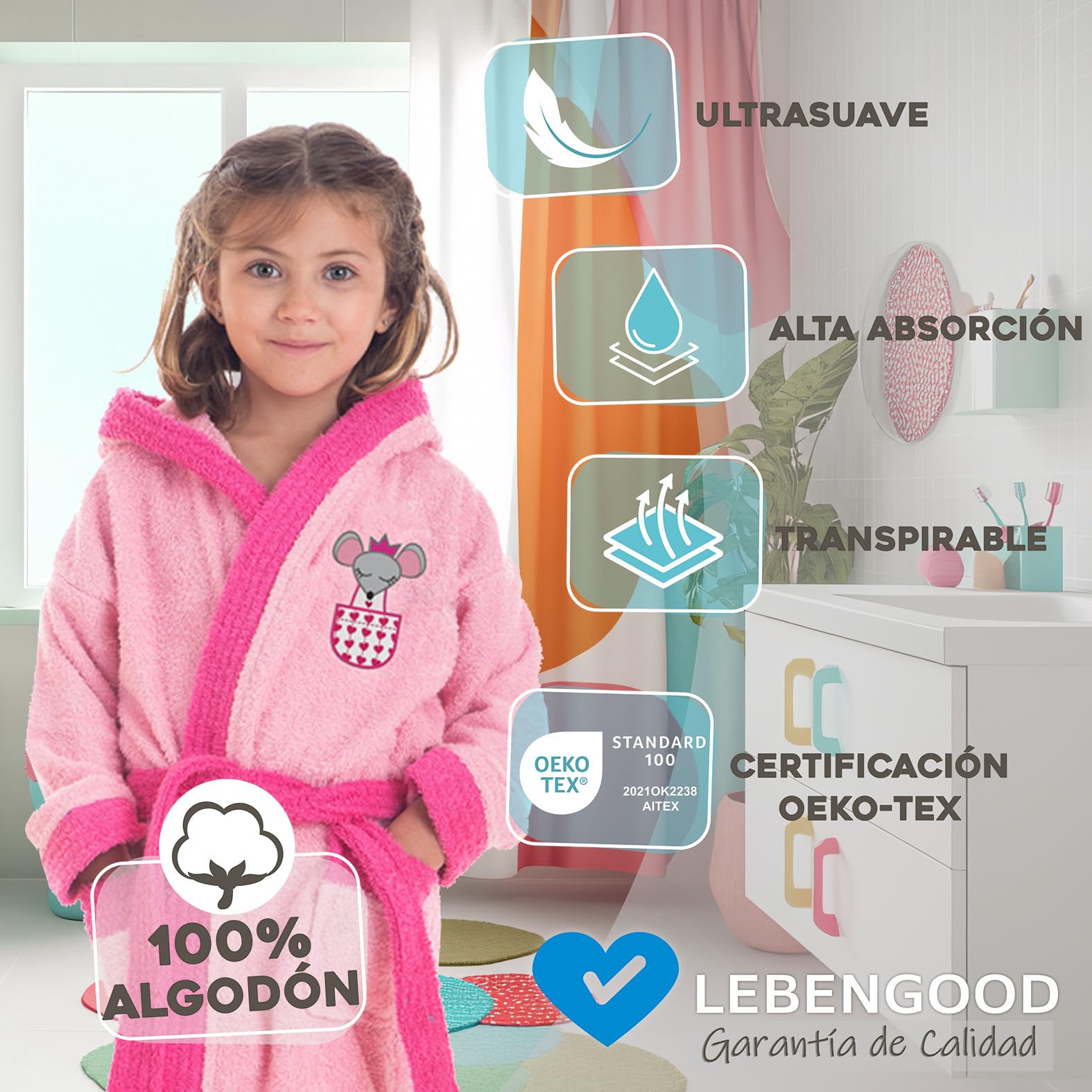 LEBENGOOD - Albornoz Niñas, Algodón, 100% Algodón OEKO-TEX®, 2 Bolsillos, Cinturón, Capucha, Albornoz Felpa suave con bordados para niñas, Albornoz Infantil