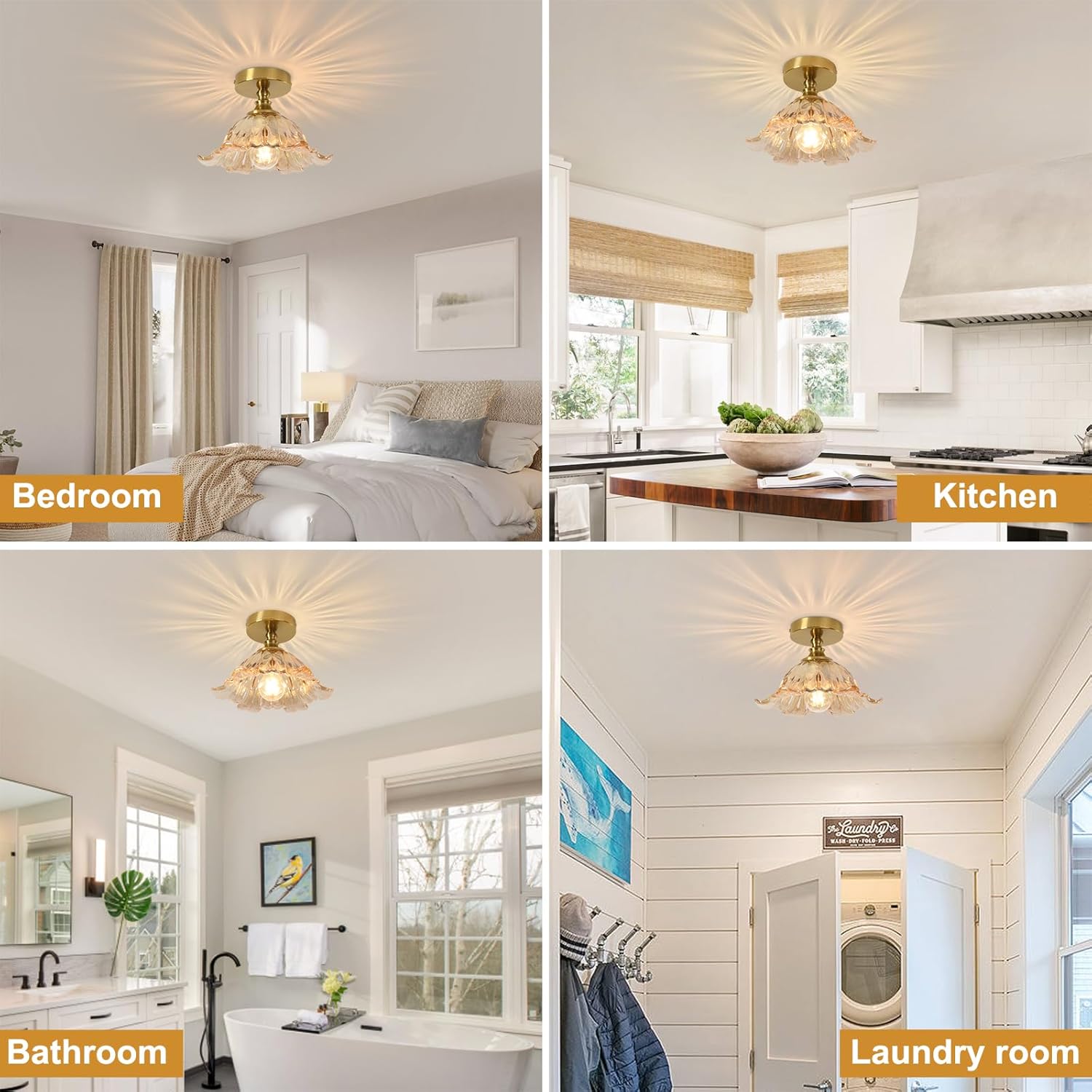 Semi Flush Mount Ceiling Light Fixture, 11in Amber Glass Vintage Light Fixtures Ceiling for Hallway Kitchen Foyer Entryway Bedroom, E26 Base