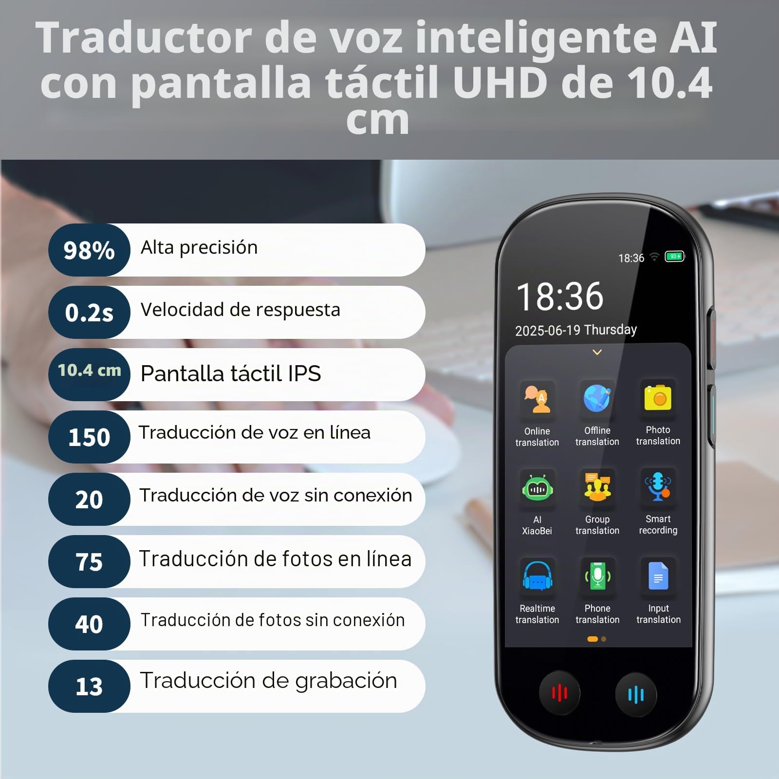 Dispositivo Traductor Con Salida de Voz,Traductor en Tiempo Real | 150 idiomas y Acentos,Con Conexión WiFi,Modo sin Conexión y Reconocimiento de imágenes,ideal para Viajes,Estudios y Negocios