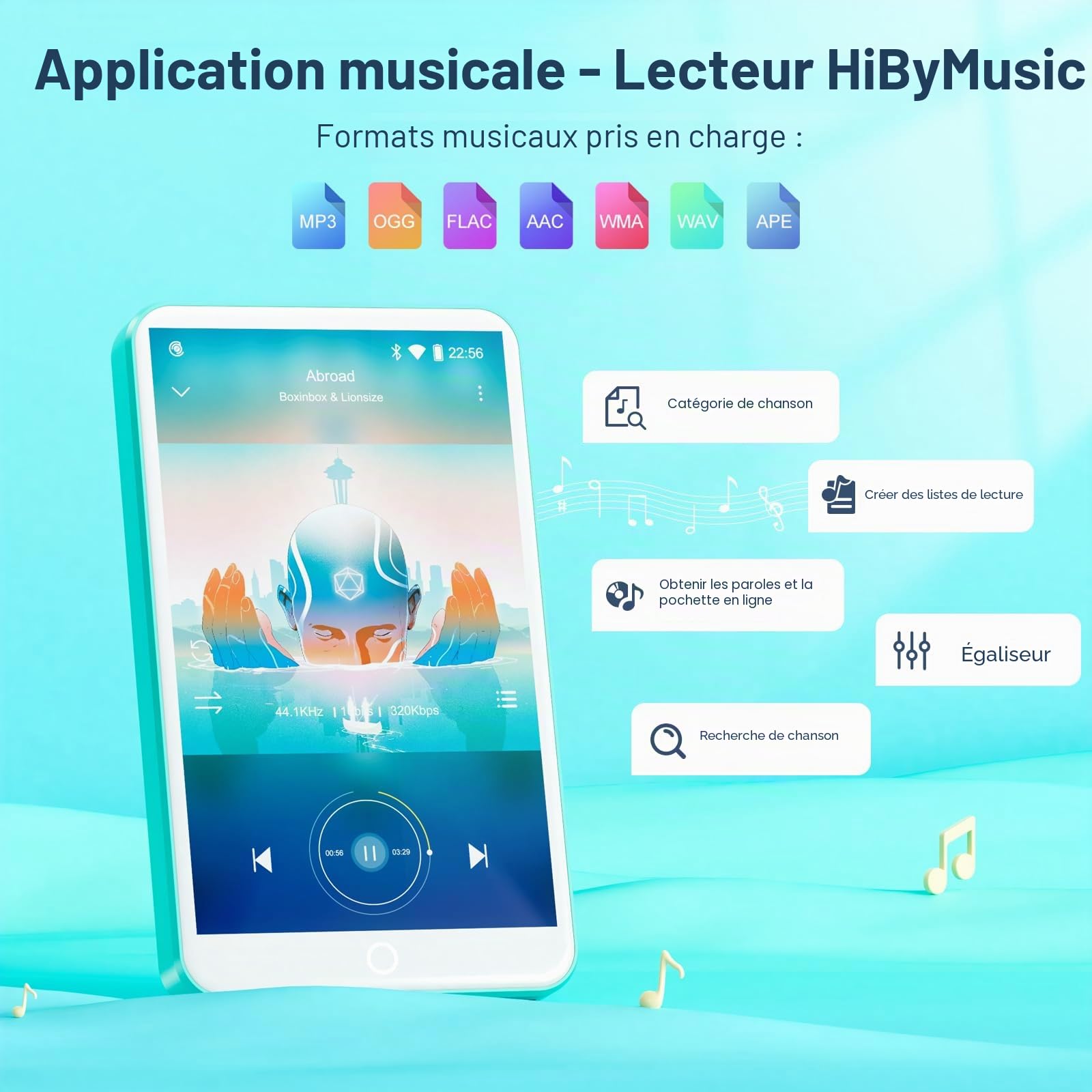 Lecteur MP3 avec Bluetooth et WiFi, Oilsky 80GB 4'' Android 9.0 Lecteur de Musique, MP4 à écran Tactile 1080P, Mp3 Portable avec Spotify, Audible, Deezer (Cyan)