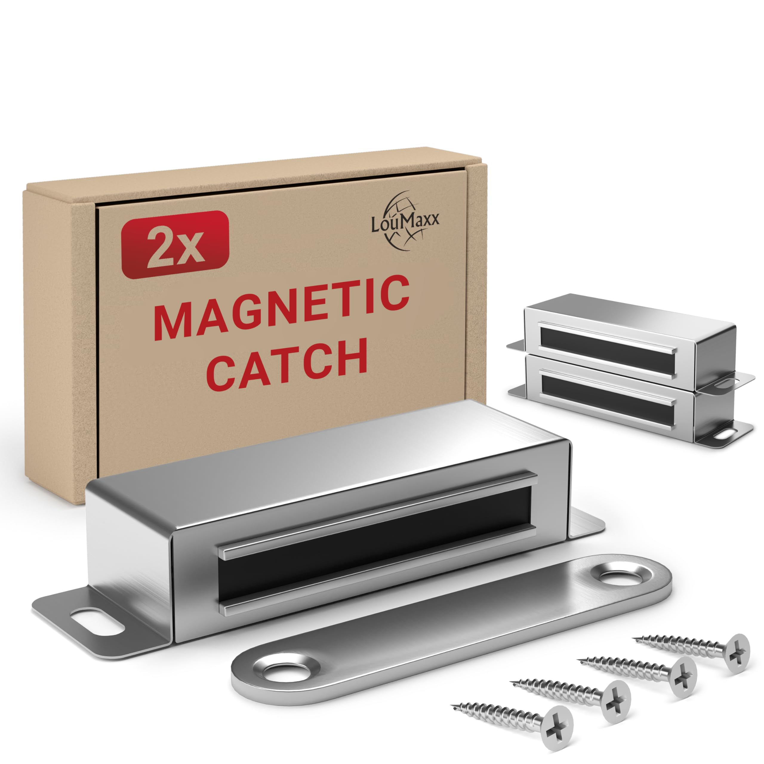 LouMaxx Magnetic Door Catch Extra Strong – Holding Force 15kg – Set of 2 in Stainless Steel – Cabinet Magnets - Door Magnet - Door Magnetic Catch - Magnetic Cabinet Latch - Magnetic Door Latch