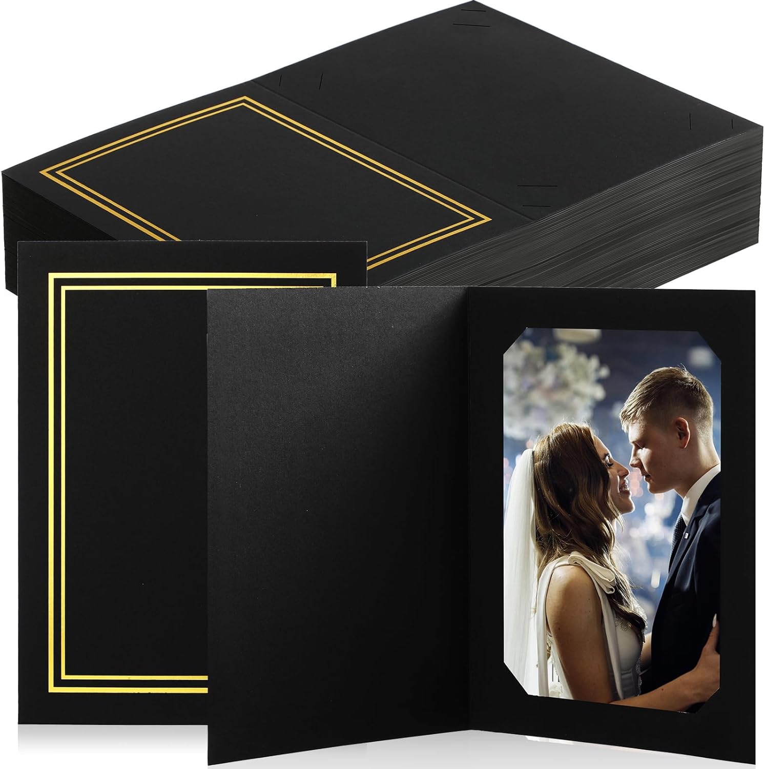 Fainne 150 Pcs Photo Folders for 4x6 or 5x7 Pictures Photo Frame Note Cards Paper Greetings Cardboard Inserts Cards Picture Insert Notecard for Portraits(Black, Gold Lining)