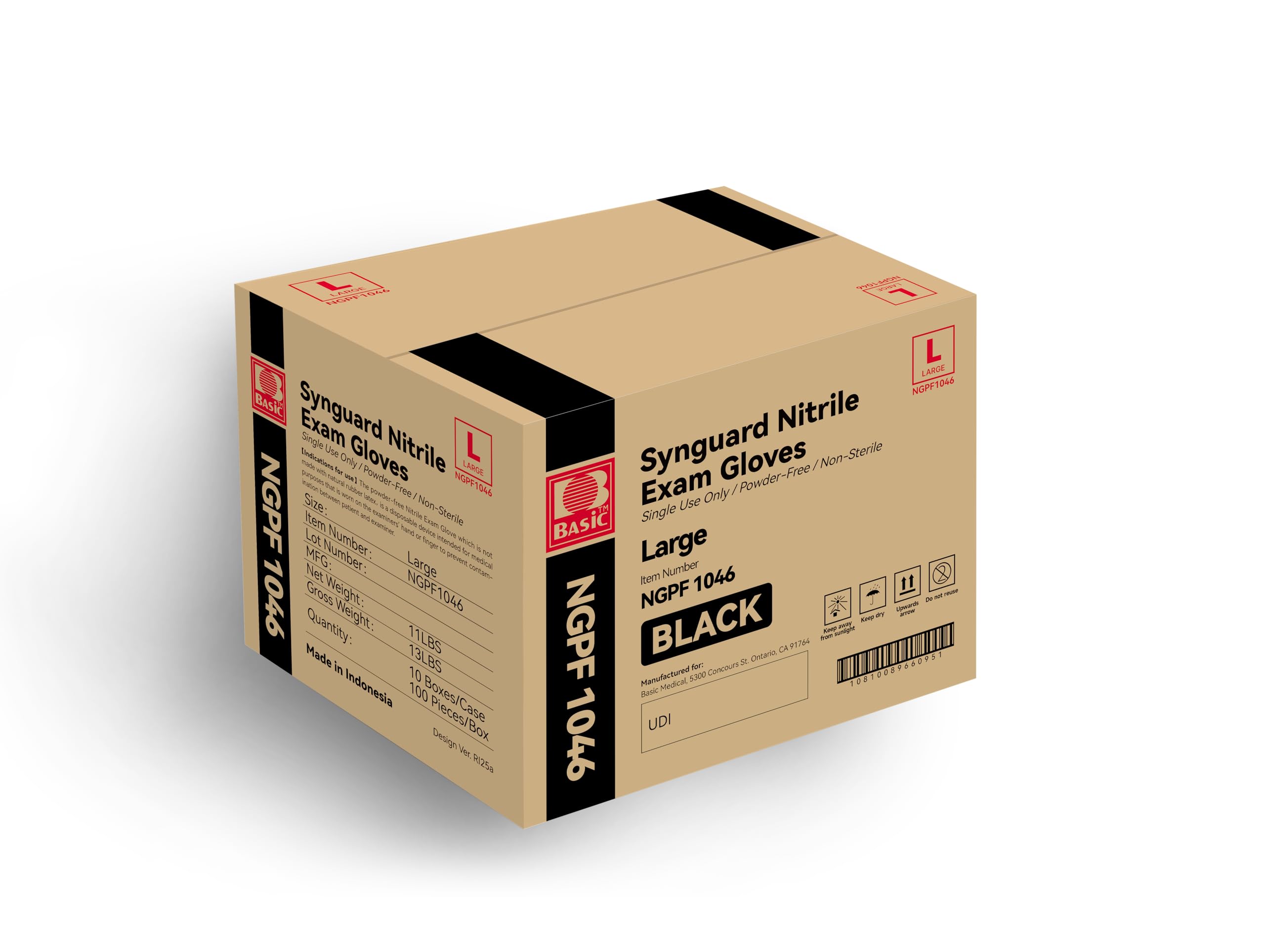 Basic Medical Black Nitrile Exam Gloves - Latex-Free & Powder-Free - NGPF 1046 (Case of 1,000), large