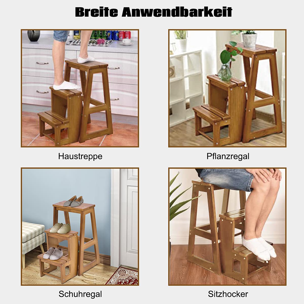 DREAMADE dreistufiger Tritthocker Klappstufen, Trittleiter aus Holz, Treppenstuhl klappbar, Leiterstuhl Hockerleiter Klapphocker, Faltstuhl Trittstuhl Haushaltstritt mit 3 Stufen (Walnuss)