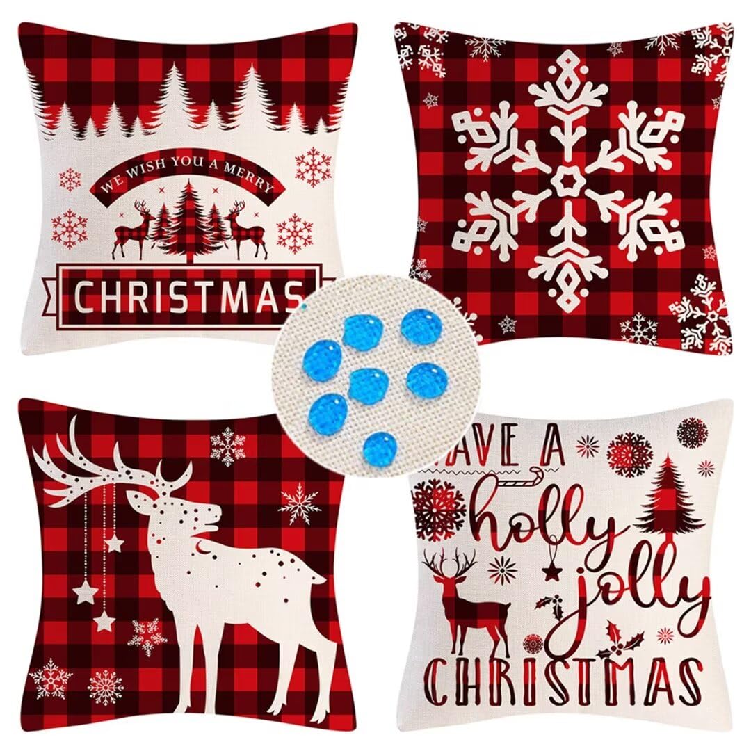 Lot de 4 Housses de Coussins 50x50cm/20x20in Noël Imperméable Housses de Coussin en Lin Taie Oreiller de Canapé de Coussincarré Housse De Coussin Exterieur pour Chambre,Canapé,Chaise,Lit,Jardin ZC-655
