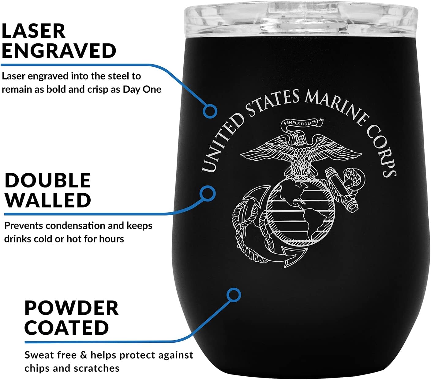 Military Gift Shop USMC Steel Stemless Wine Glass Tumbler, 12 oz Double Wall Vacuum Insulated Outdoor Tumbler–Black with Marine Corps logo | USMC Wine 12oz