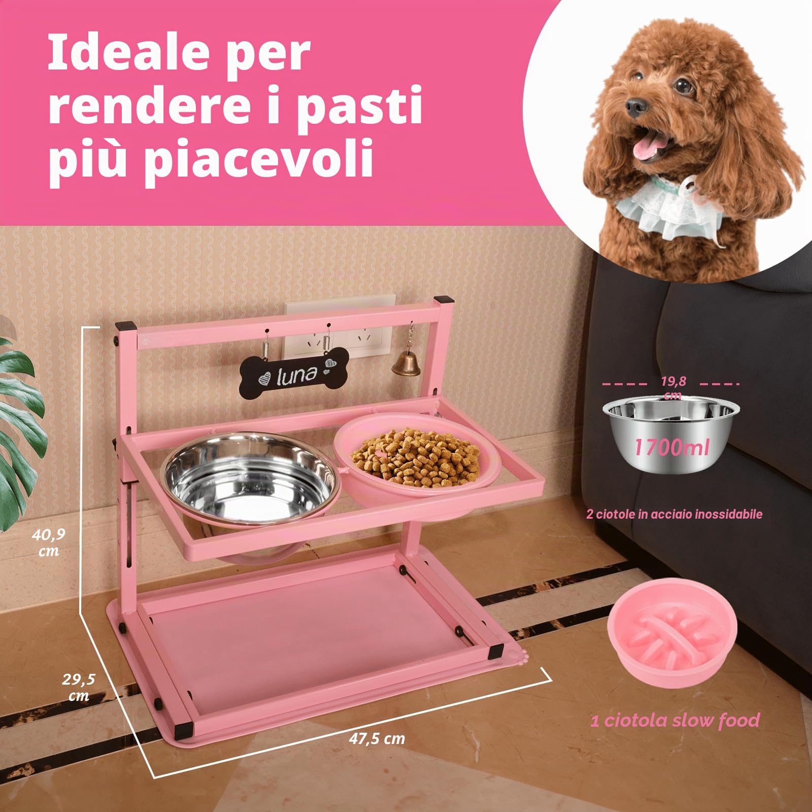 Supporto rialzato rosa per ciotole e cani con alimentatori lenti e tappetino anti-spill, mangiatoia regolabile per cani, 2 ciotole in acciaio inossidabile da 1700 ml