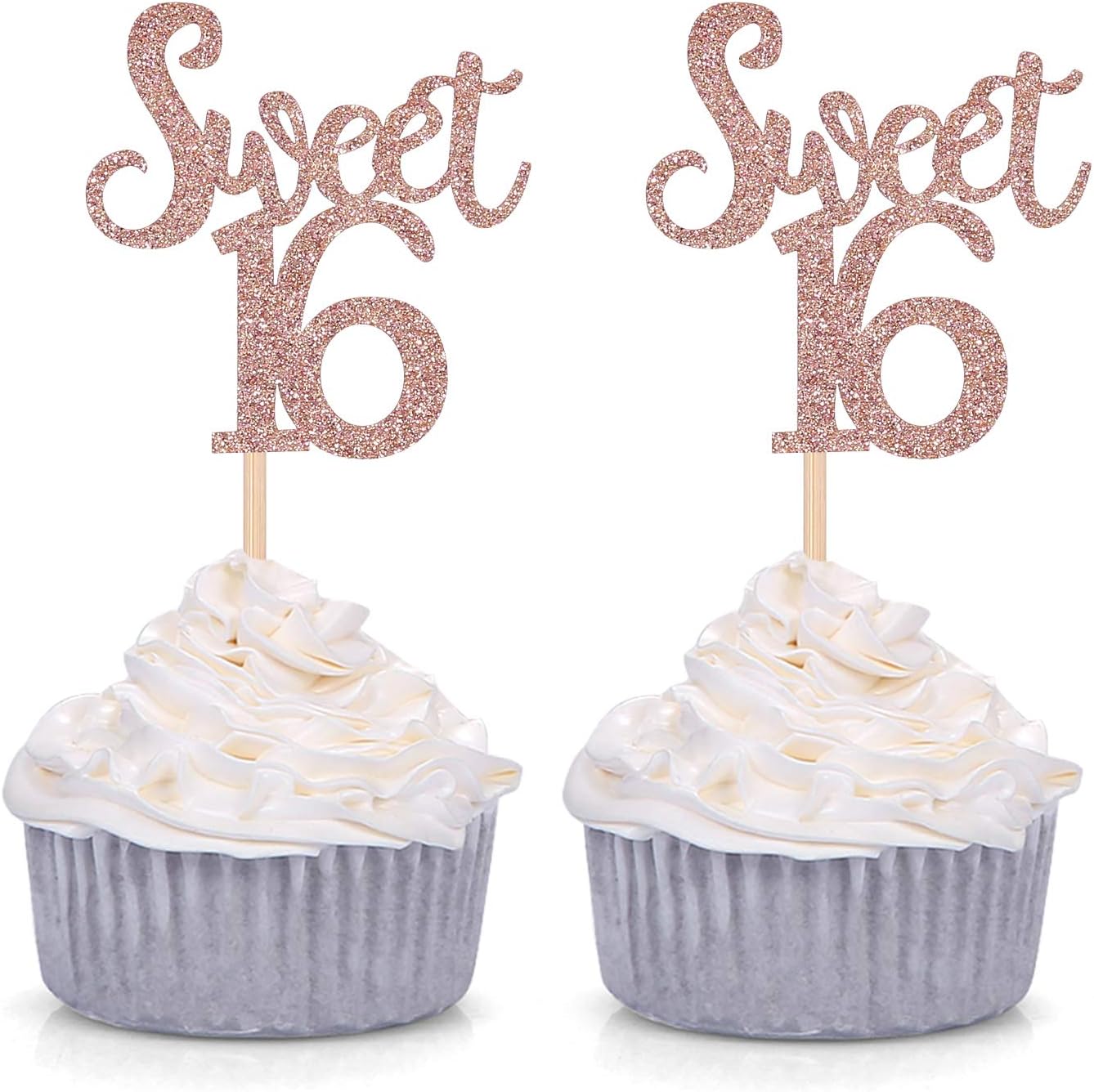 Giuffi Rose Gold Glitter Sweet 16 Cupcake Toppers Sixteenth / 16th Birthday Party Decorations - Set of 24