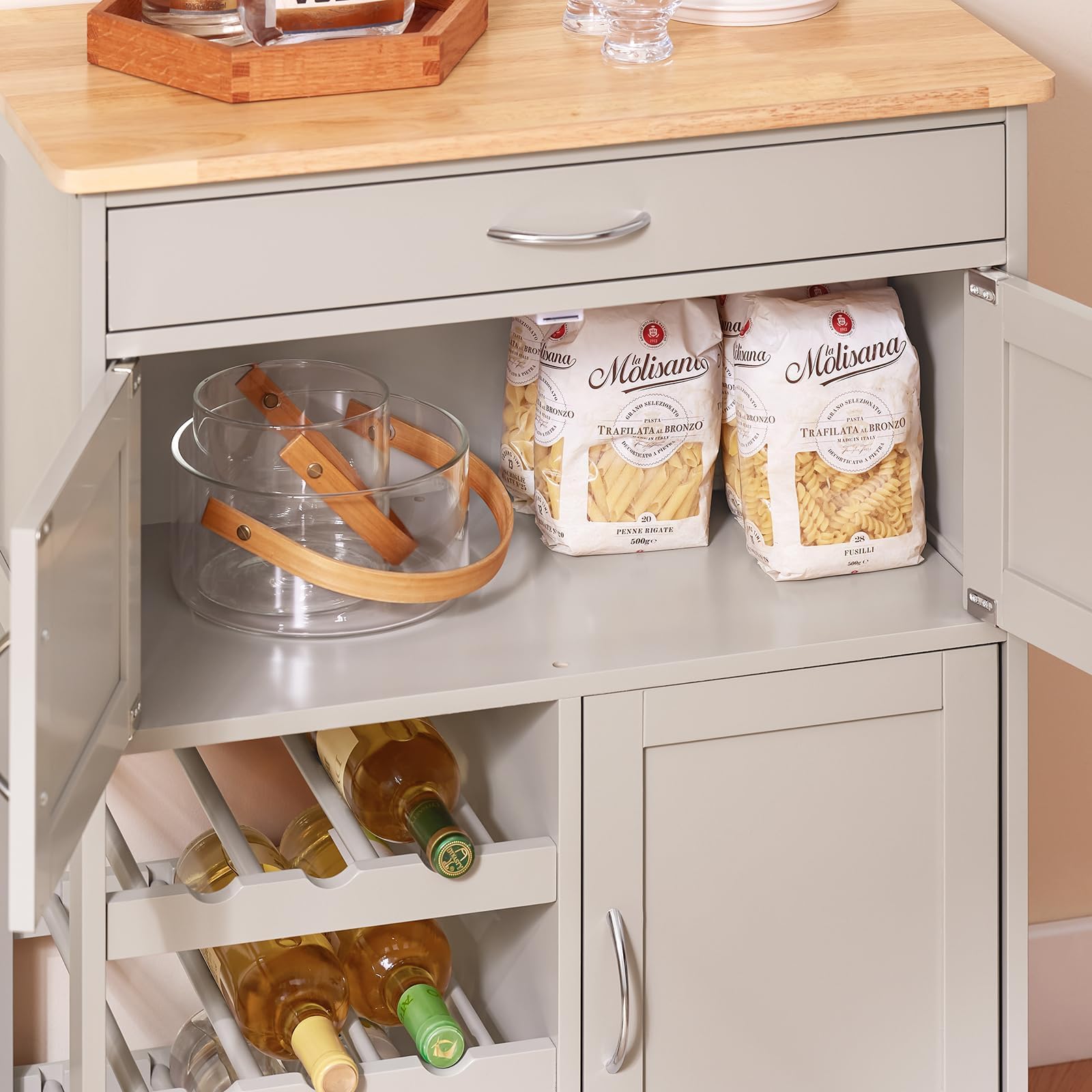 SoBuy Mueble Auxiliar de Cocina con Ruedas y botellero 67 × 86 × 38 cm | Carrito auxiliar de cocina con ruedas, encimera de madera de caucho y cajón, ideal para la cocina y el comedor MDF FKW45-KA