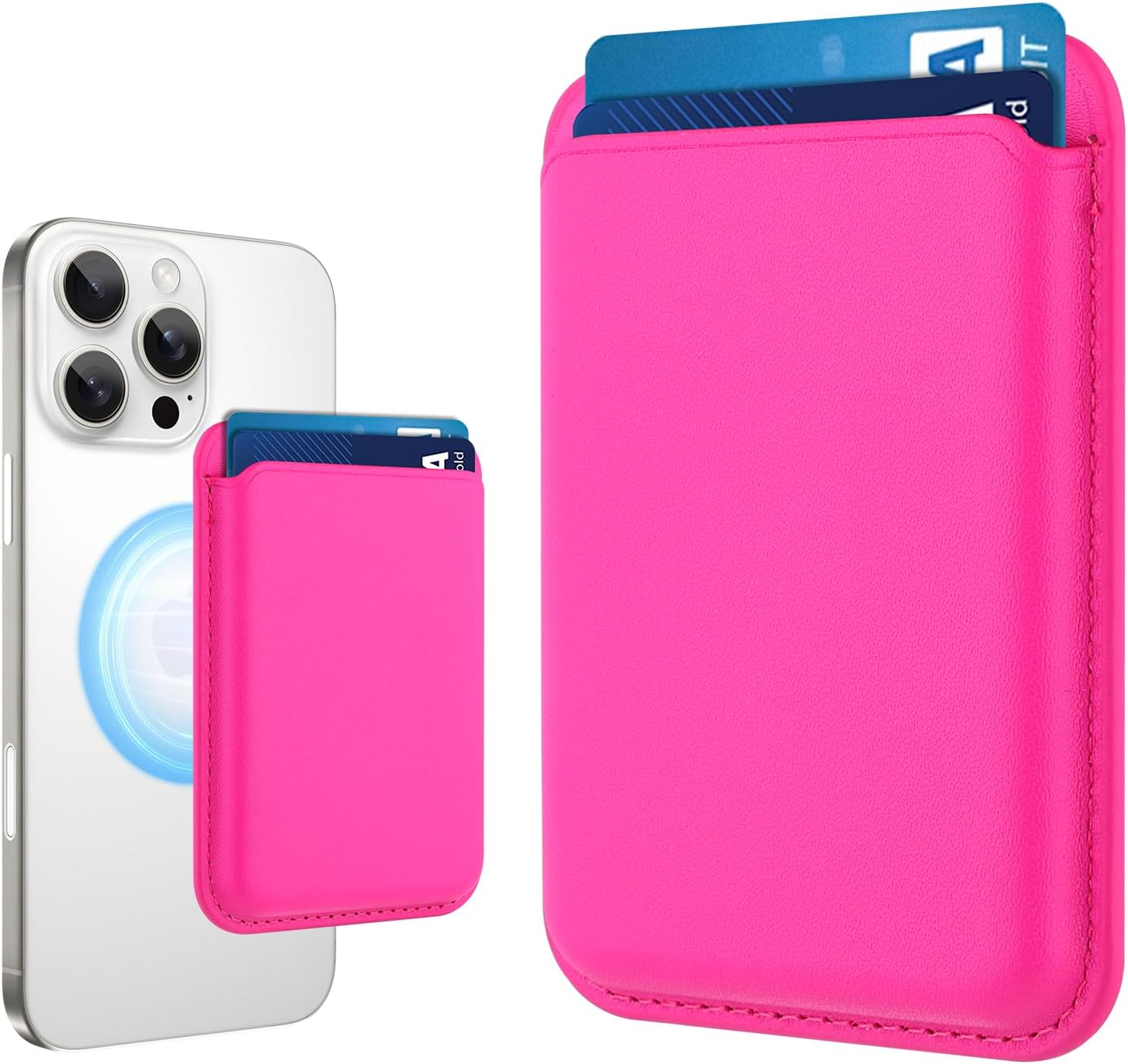 MOWIME Compatible with MagSafe Wallet, Leather TPU Protective for Women Girls, Stronger Magnetic Card Holder Phone Wallet for iPhone 17/16/15/14/13/12 Series, Fit 2 Cards, Hot Pink