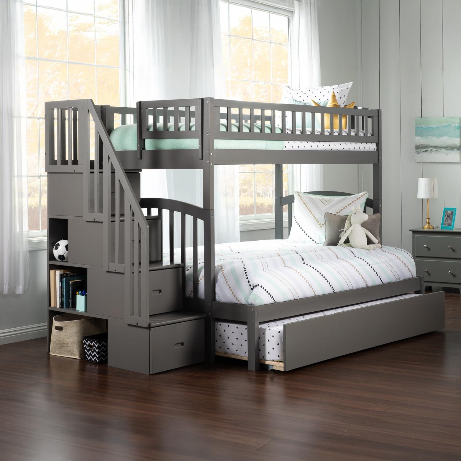 HomeStock Baroque Bliss Staircase Bunk Bed with Turbo Charger Space-Saving Design, Built-in Storage, Sturdy Frame Grey/Twin Over Full