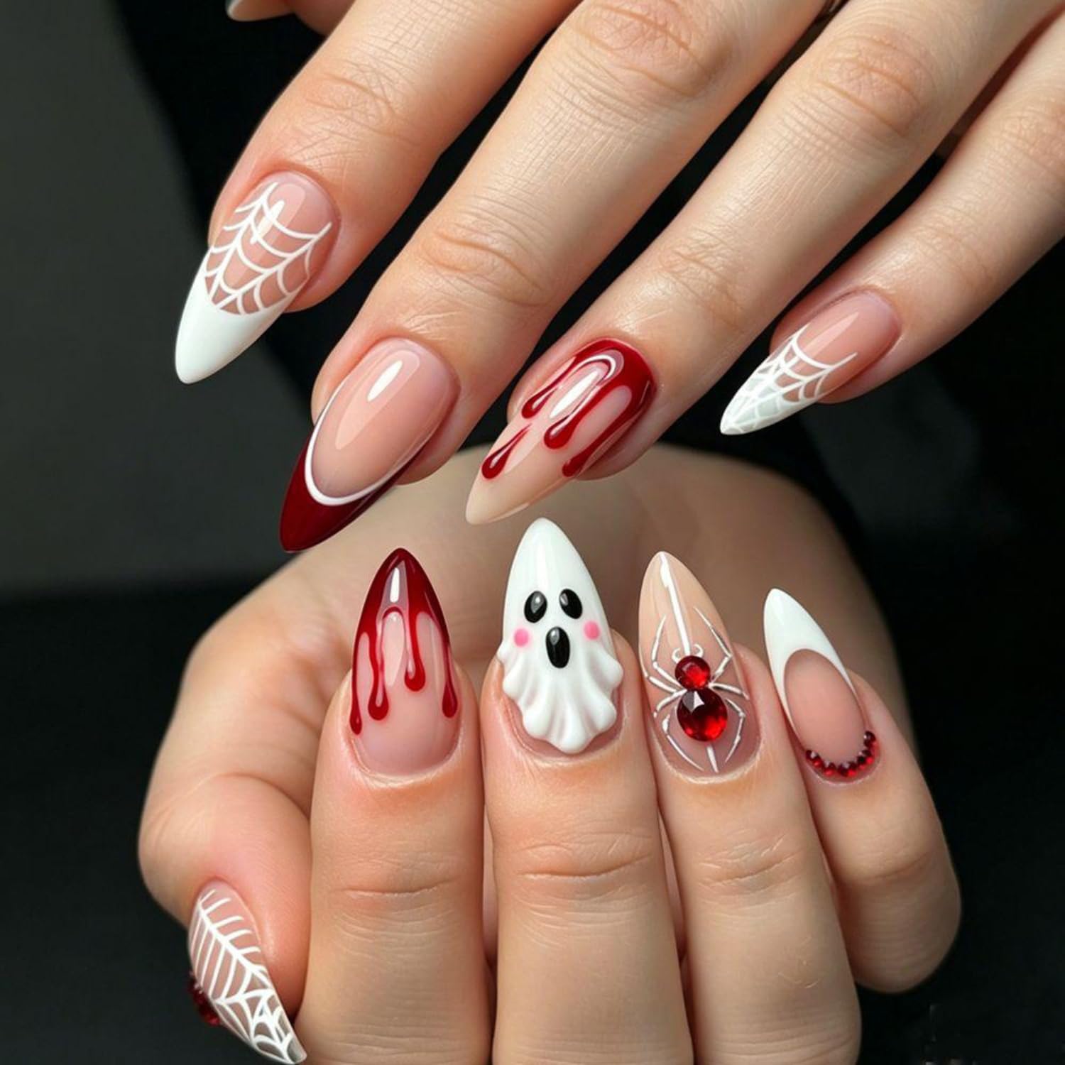 Neon Spider Ghost Nails Spider Web Press on Nails Gradient False Nails Colorful Ghost Acrylic Fake Nail Spooky False Nail Black Medium Almond Artificial Nail for Women Halloween Manicure 24Pcs