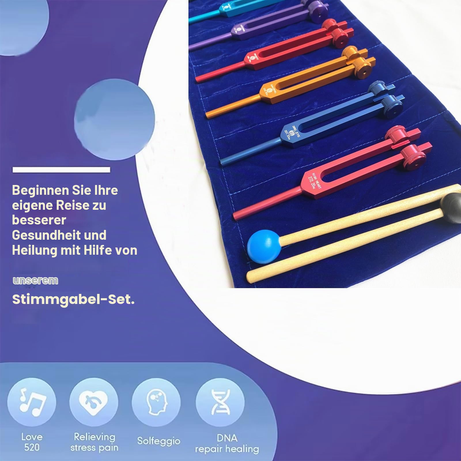 NEWFUN Stimmgabel Set, Stimmgabel Therapie, 8-Teiliges Stimmgabel-Set, Chakra-Stimmgabel-Set, Für Therapeutische Klangtherapie, Ausgleichende Schwingungen, 2 x Silikonhämmer, 1 x Beutel