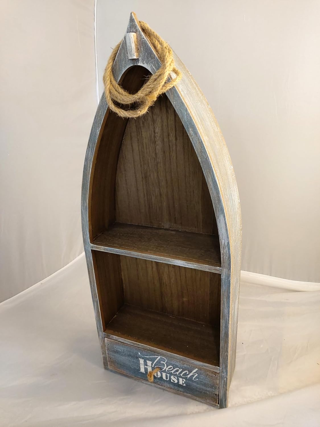 DRH - Nautical Distressed Wood Boat Shelf with Drawer - Standing Boat Shelf - Beach House Themed Ornaments - Boat Model Home Décor - Decorative Display Boat with Tropical Coir Rope