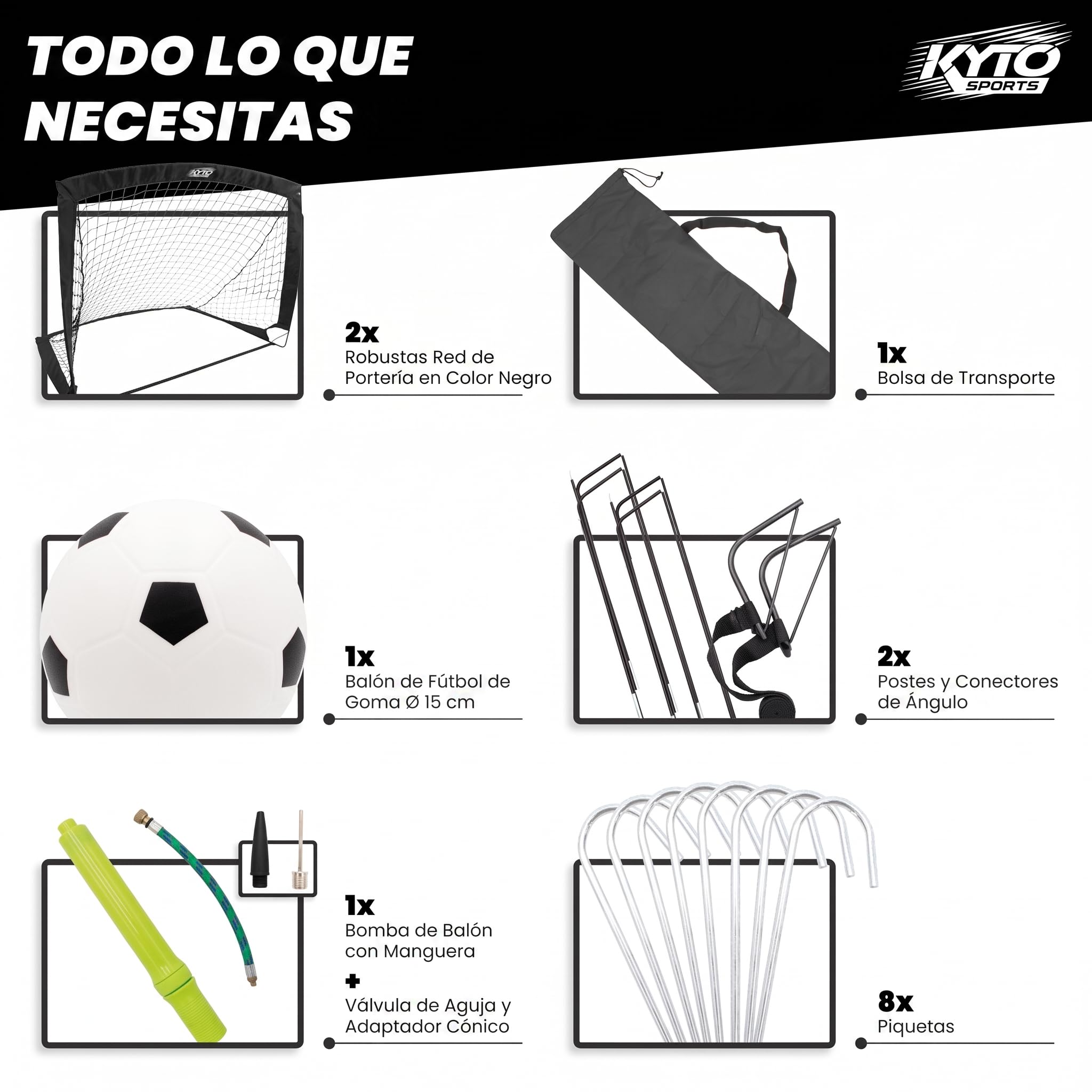 KYTO Set Portería Fútbol Niños con Red - 2 Porterías 90x120 cm | Incluye mini balón, bomba y anclajes - portería metálica portátil para jardín, parque o entrenamiento