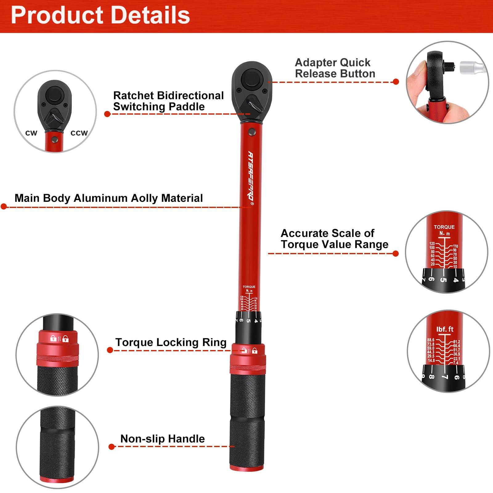 ATsafepro Torque Wrench 3/8 Inch, Dual-Direction Adjustable Bike Torque Wrench 10-120 Nm - Image 2