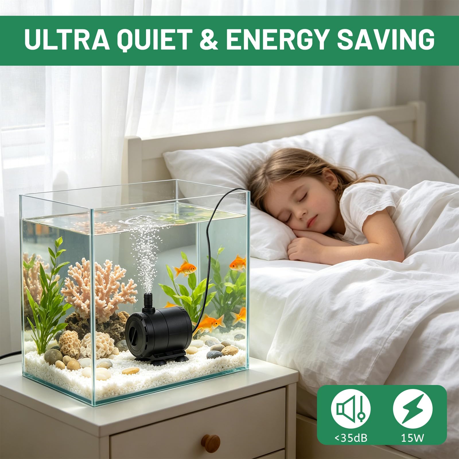 DBREAKS Aquarium Wasserpumpe 15W 1000L/H, Ultra Leise Unterwasserpumpe Springbrunnen Pumpe Klein, Tauchpumpe mit Einstellbarem Durchfluss, 1,5m Kabel und 2 Düsen für Teiche, Brunnen