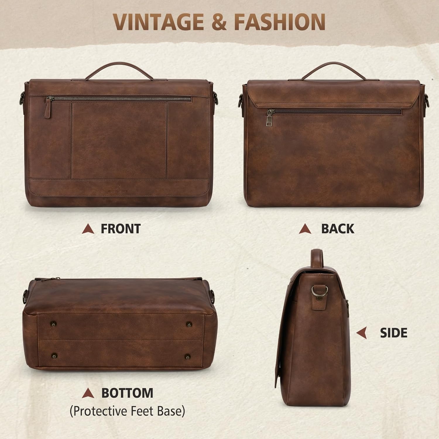 RAINSMORE Leather Messenger Bag for Men 15.6 Inch Laptop Bag Vintage Briefcase Large Computer Bag Satchel Shoulder Bag For College, Work, Business, Office, Brown - Image 8