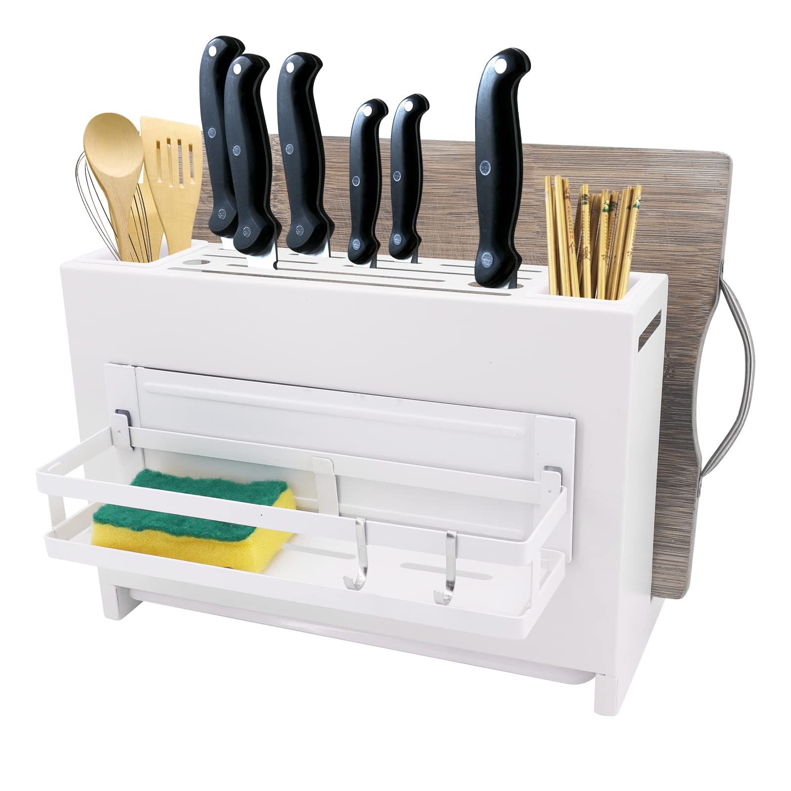 MoYounoCutting Boards Knife Organizer,8 Slots Knife Block Holder,Magnetic Spice Rack,Multifunctional Kitchen Pantry Cabinet Countertop Stand,with Draining Tray,for Knives, Spoons, etc(White)