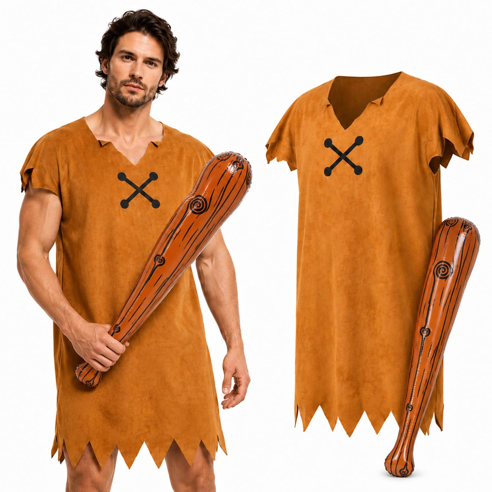 Jirmerp Caveman Costume Adult Men Brown Tunic and Inflatable Wooden Stick Fancy Dress Outfit for Halloween Theme Party (3X-Large)