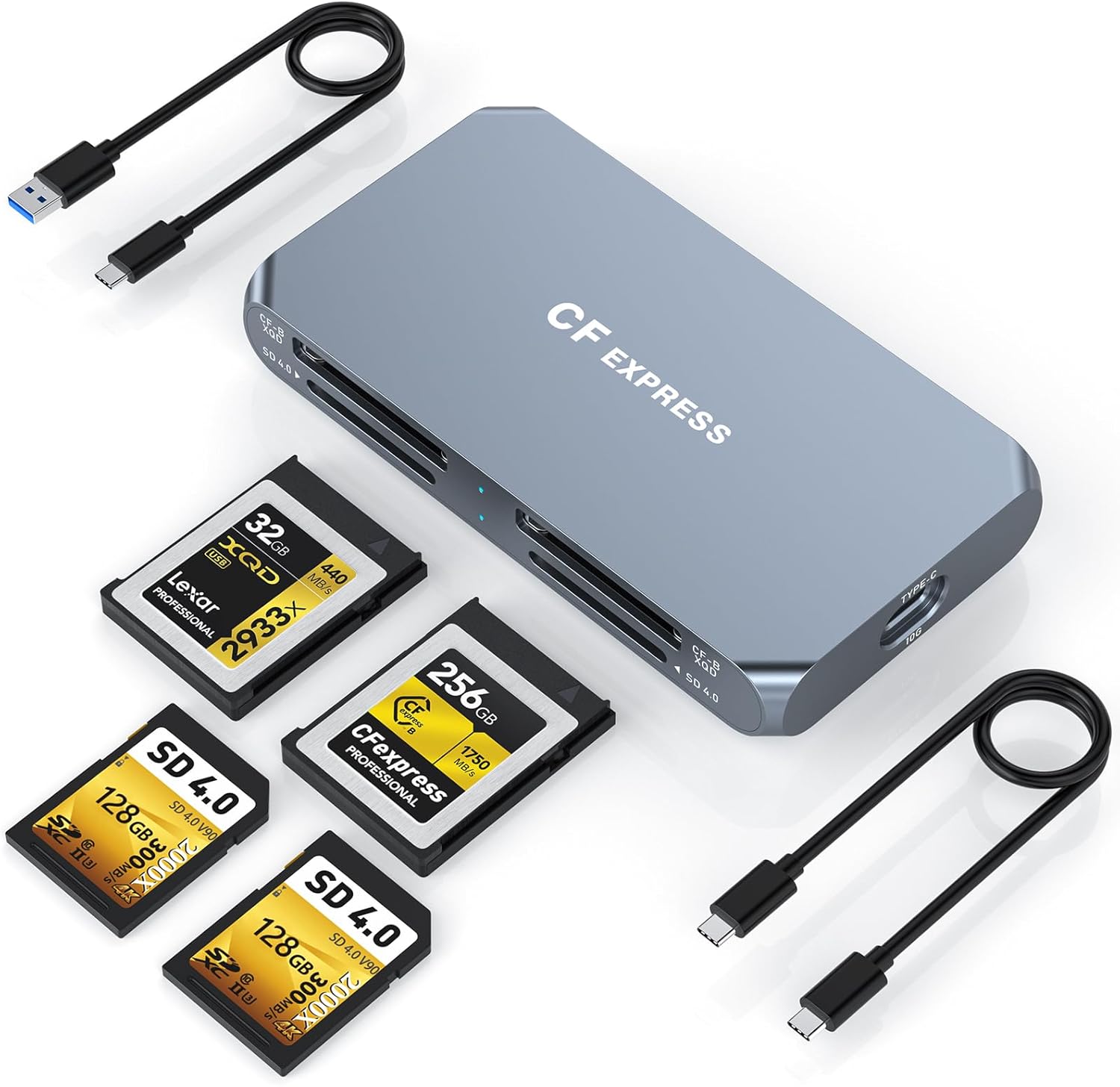 Dual CFexpress Type B/XQD+Dual SD4.0 Card Reader with USB 3.2 (Gen 2) 10Gbps, USB-C&USB-A 6-in-1 Type B CFexpress Adapter, Compatible with Windows/Mac/Linux/Android, for iPhone 16/15, Laptops, Tablets