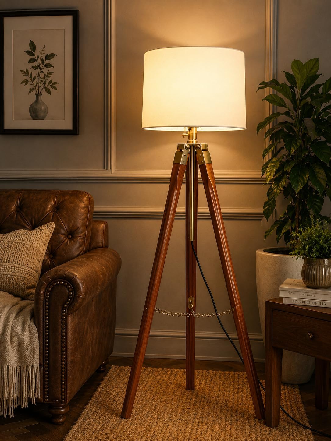 Generic Italian Wooden Tripod LED Floor Lamp - Image 1
