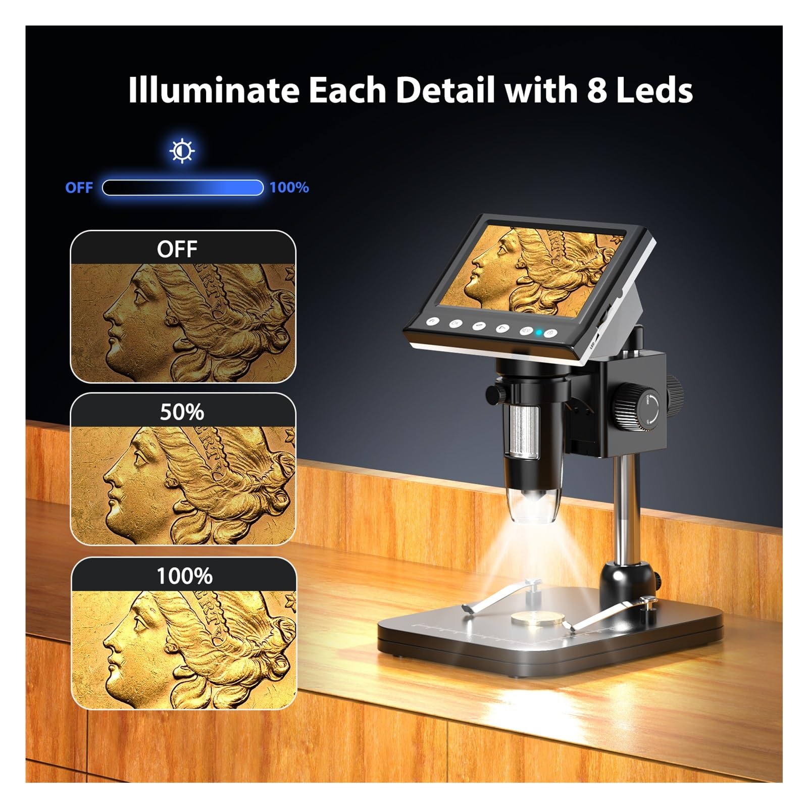 4.3'' Digital Microscope 1000X Coin 1080P Video For Adult Soldering With 8 LEDs, PC View