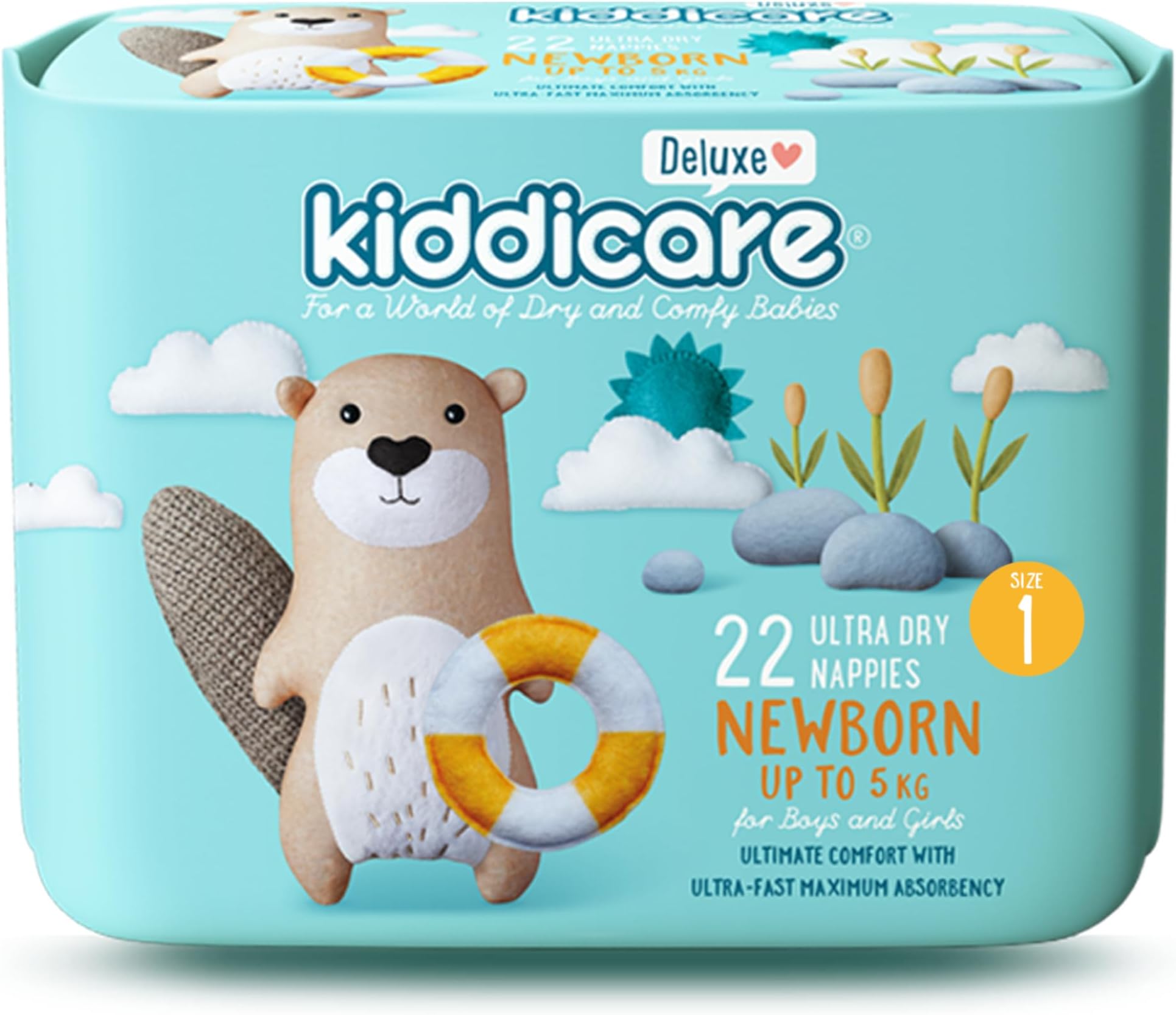 Kiddicare New Born Baby Deluxe Diaper Nappy, Size 1, 22 Count, Leakage Protection, Upto 5kg, Anti Rash, 12 Hours Absorption, Cottony Soft Ultra Fast High Absorb Technology (Pack of 1)