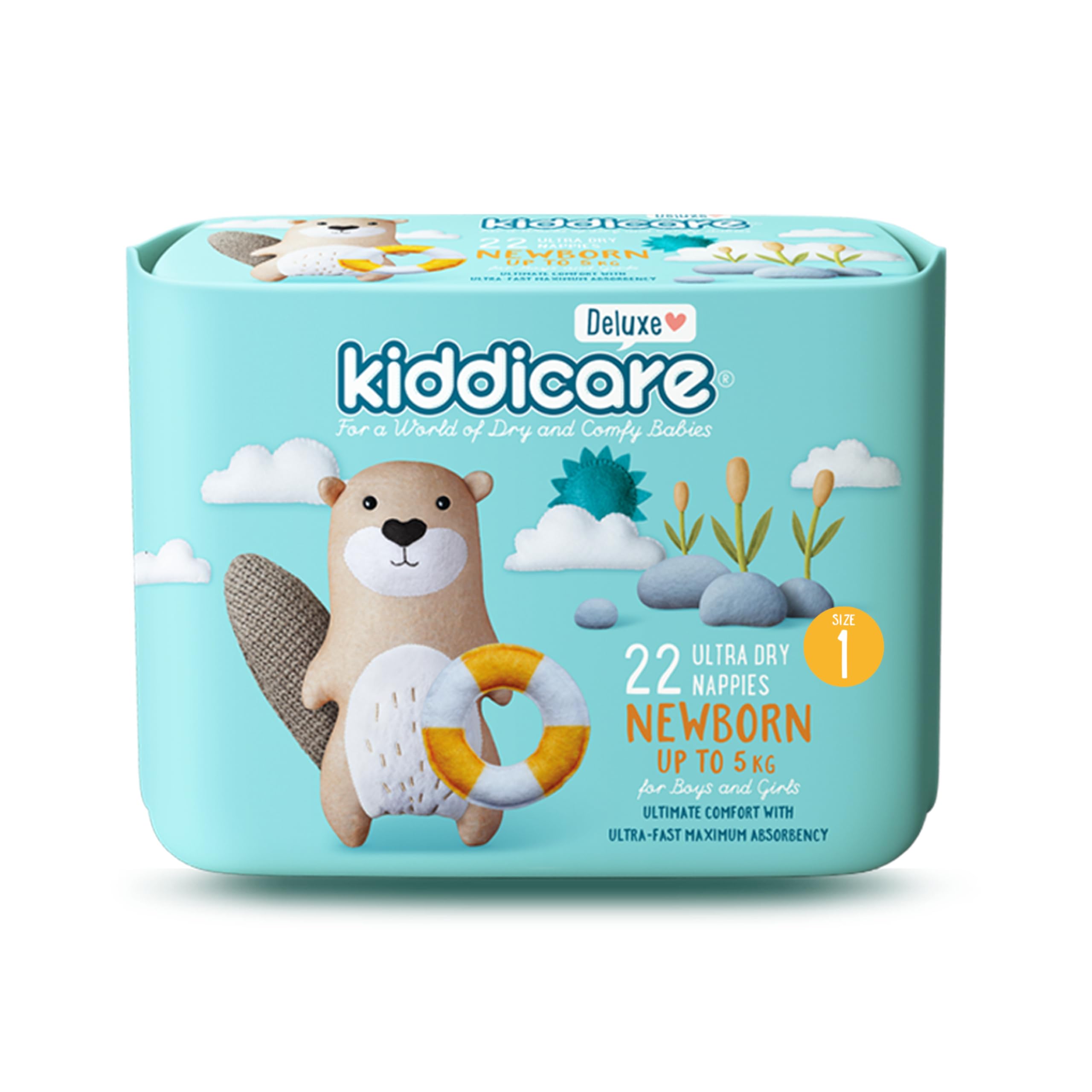 Kiddicare New Born Baby Deluxe Diaper Nappy, Size 1, 22 Count, Leakage Protection, Upto 5kg, Anti Rash, 12 Hours Absorption, Cottony Soft Ultra Fast High Absorb Technology (Pack of 1)